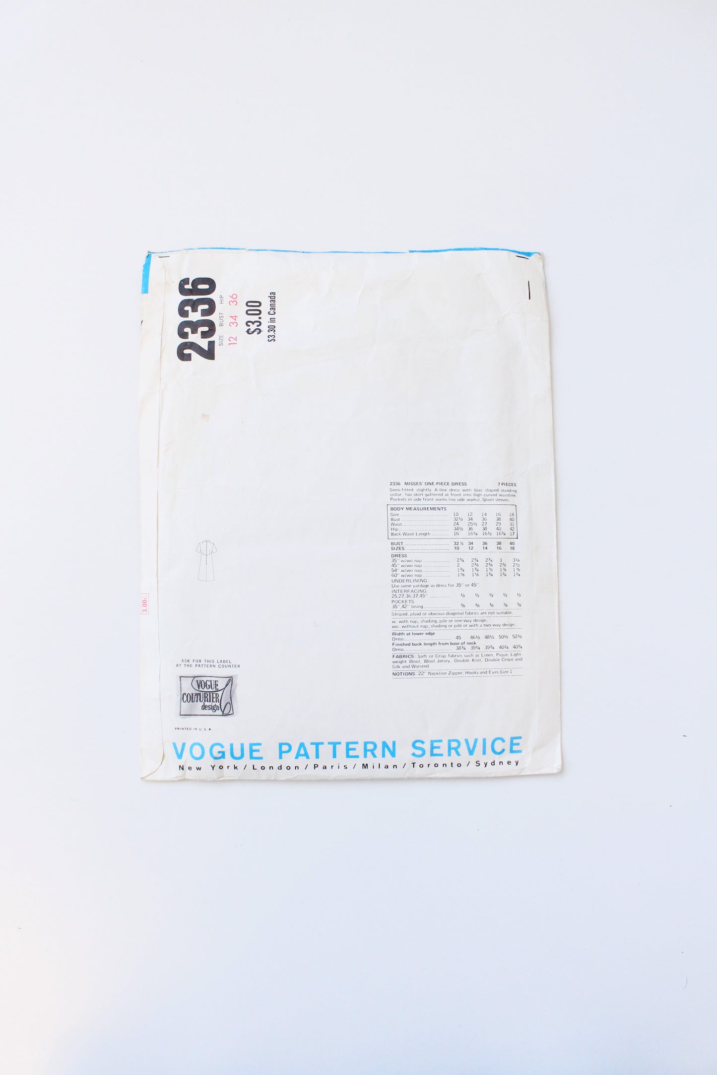 1970s Dress Vogue Couturier Design 2336 Sewing Pattern, Sybil Connolly, Cut-Complete Size 12