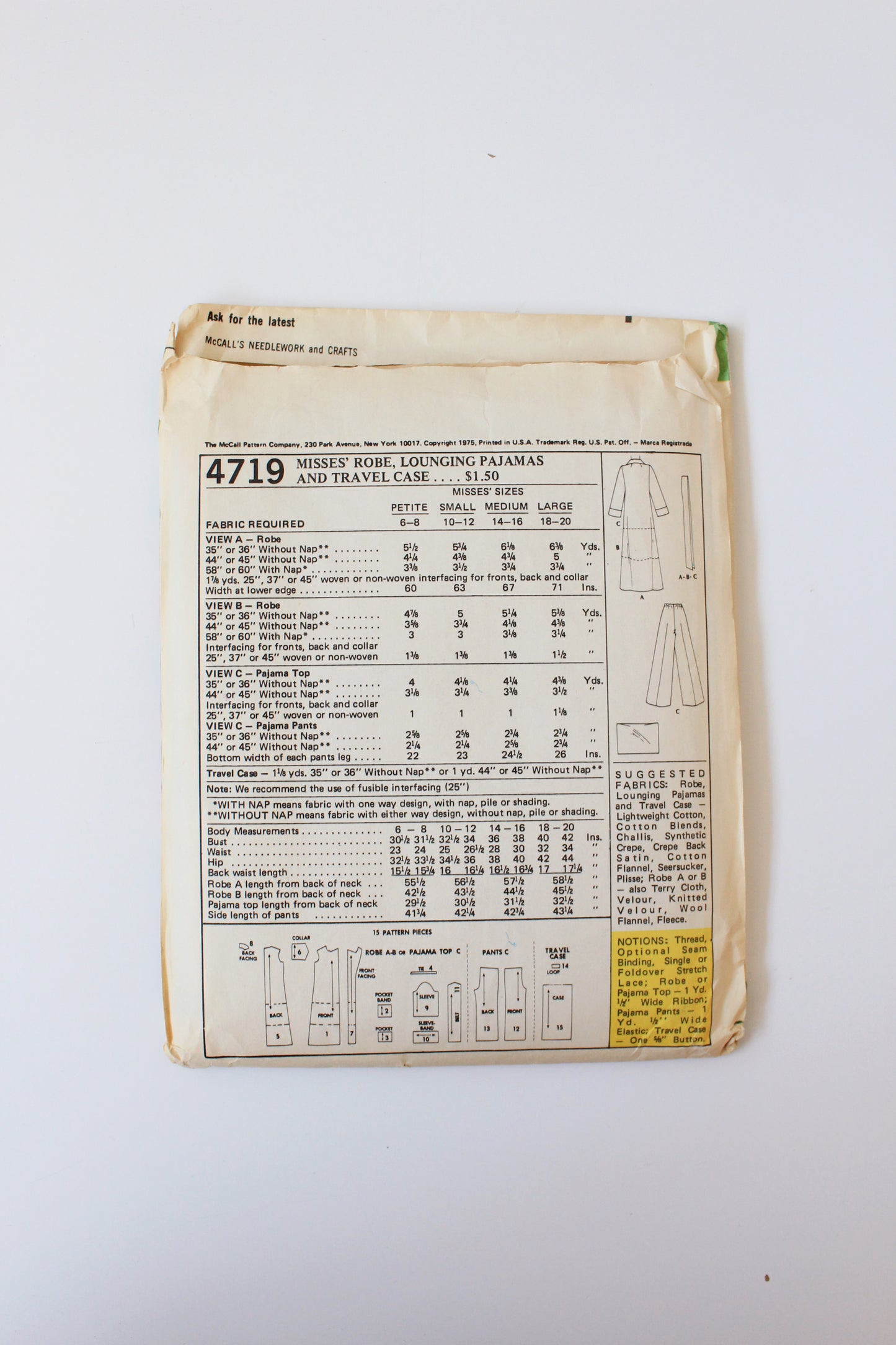 1970s Robe, Lounging Pyjamas And Travel Case McCall's 4719 Sewing Pattern, Uncut, 6-8 Petite