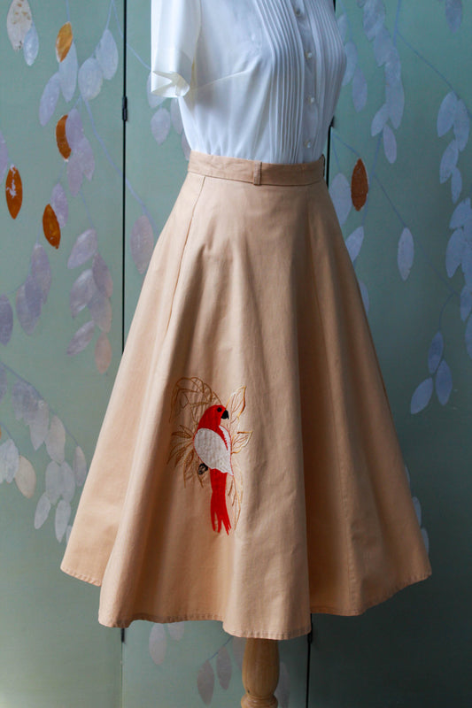 1970s 50s style circle skirt with parrot applique, high waisted, cotton resort skirt Made in France by Catherine I for Philippe Salvet St Tropez Nice 