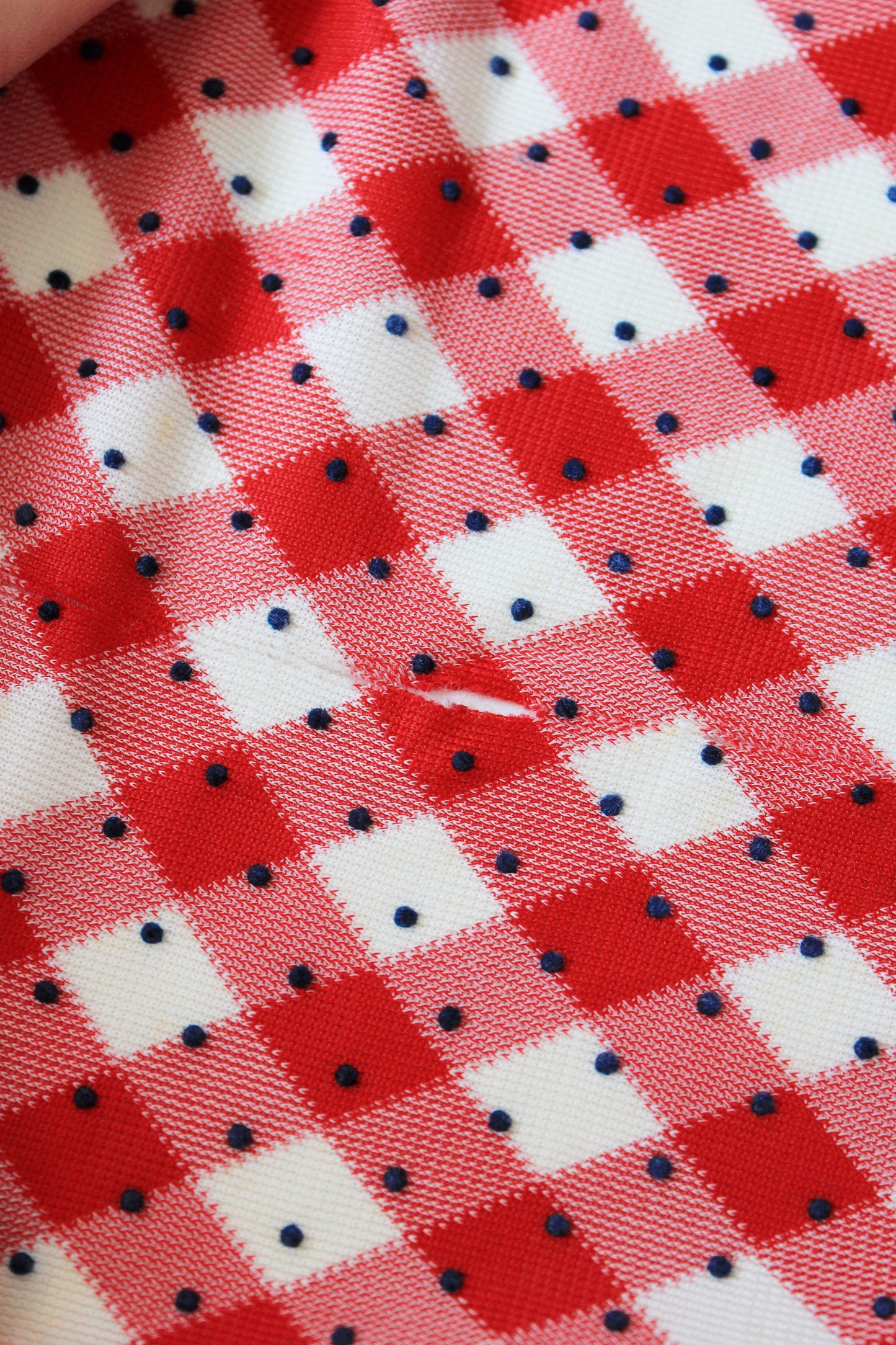 1960s Red And White Checkered Plaid With Blue Polka Dots Nylon Vintage Print Fabric, 3.8 Yards