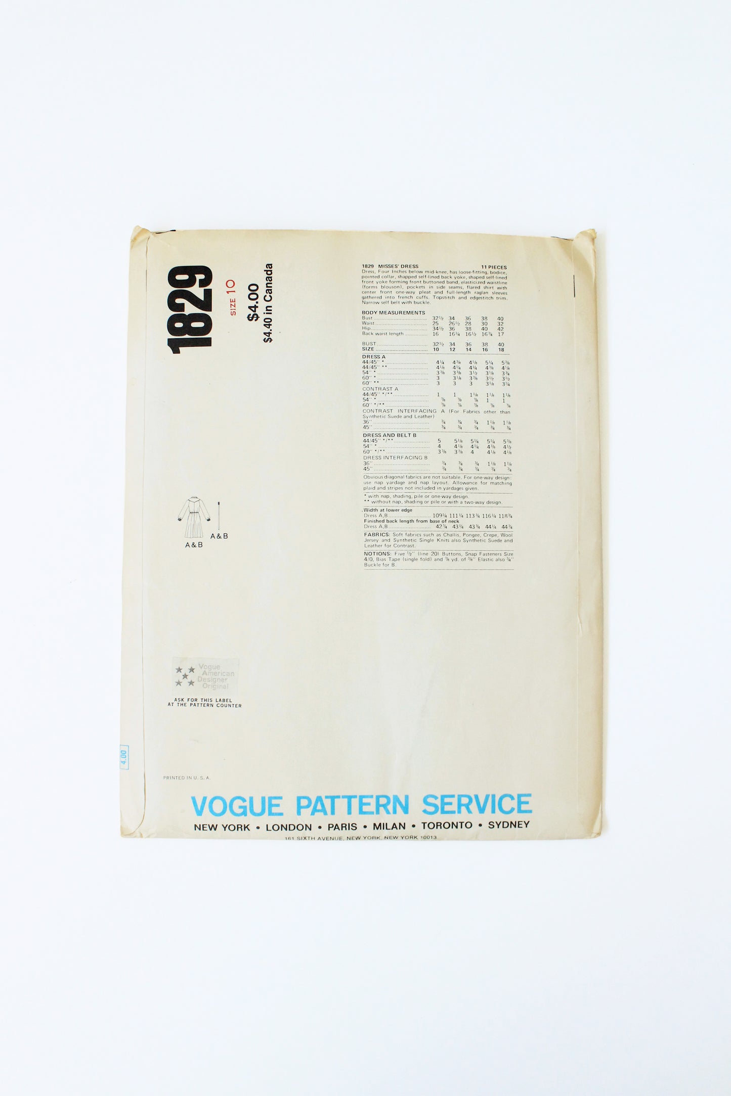 1970s Shirtdress Jerry Silverman Vogue American Designer 1829 Sewing Pattern, Uncut Size 10