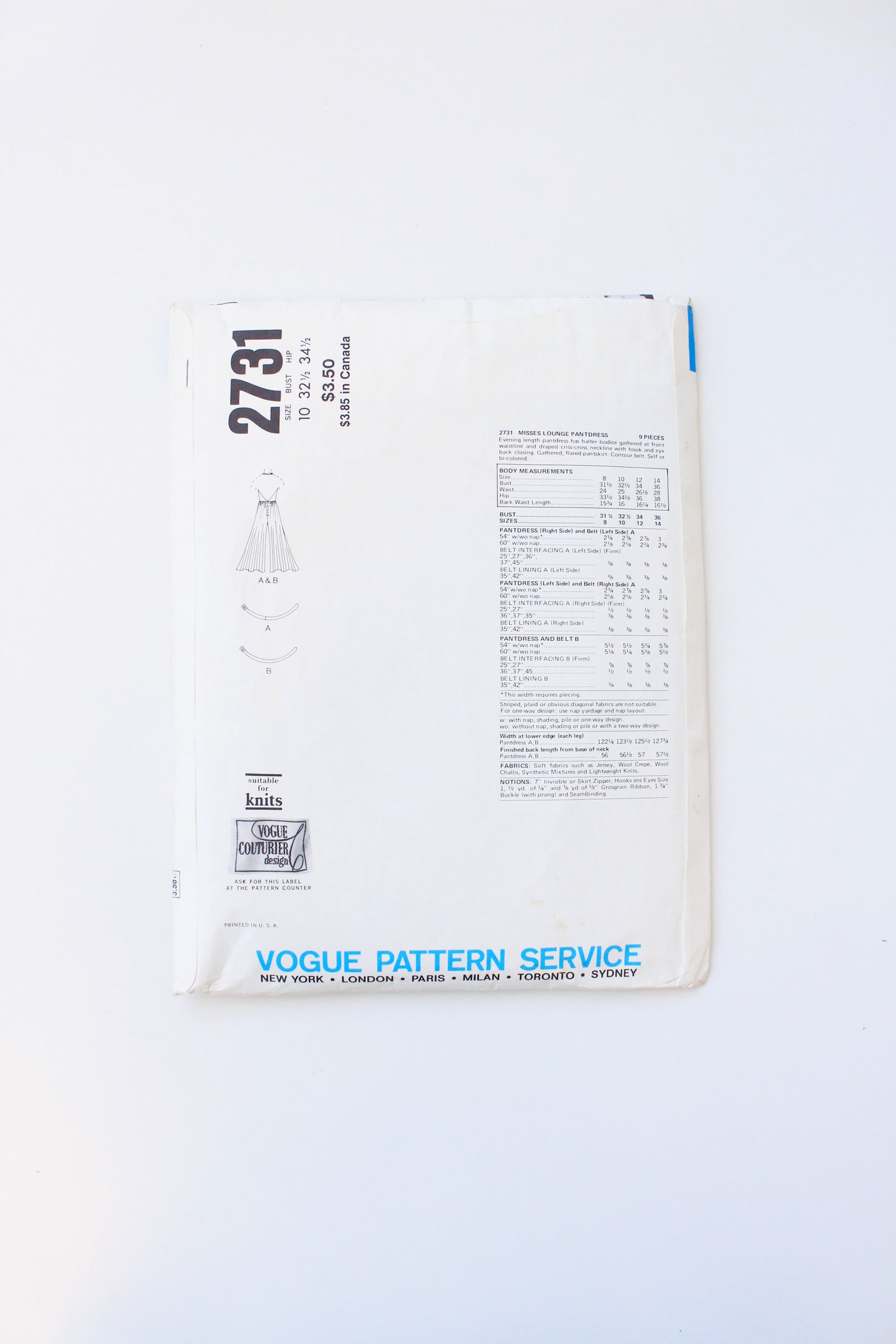 1970s Halter Dress Vogue Couturier Design 2731 Sewing Pattern, Galitzine, Uncut Size 10