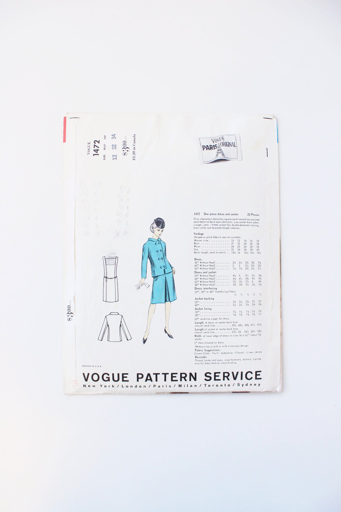 1960s One Piece Dress And Jacket Set Vogue Paris Original 1472 Sewing Pattern, Laroche, Cut-Complete Size 12