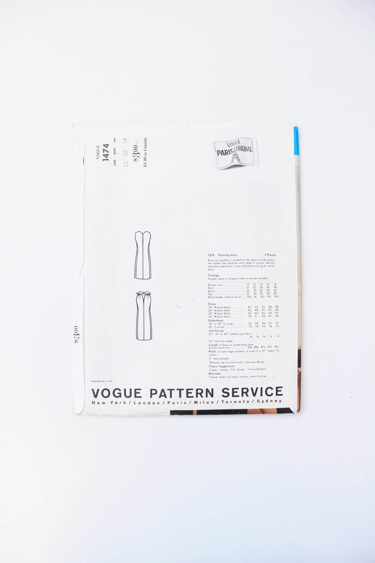 1960s Bias Cut Evening Dress Vogue Paris Original 1474 Sewing Pattern, Jacques Heim, Uncut Size 12