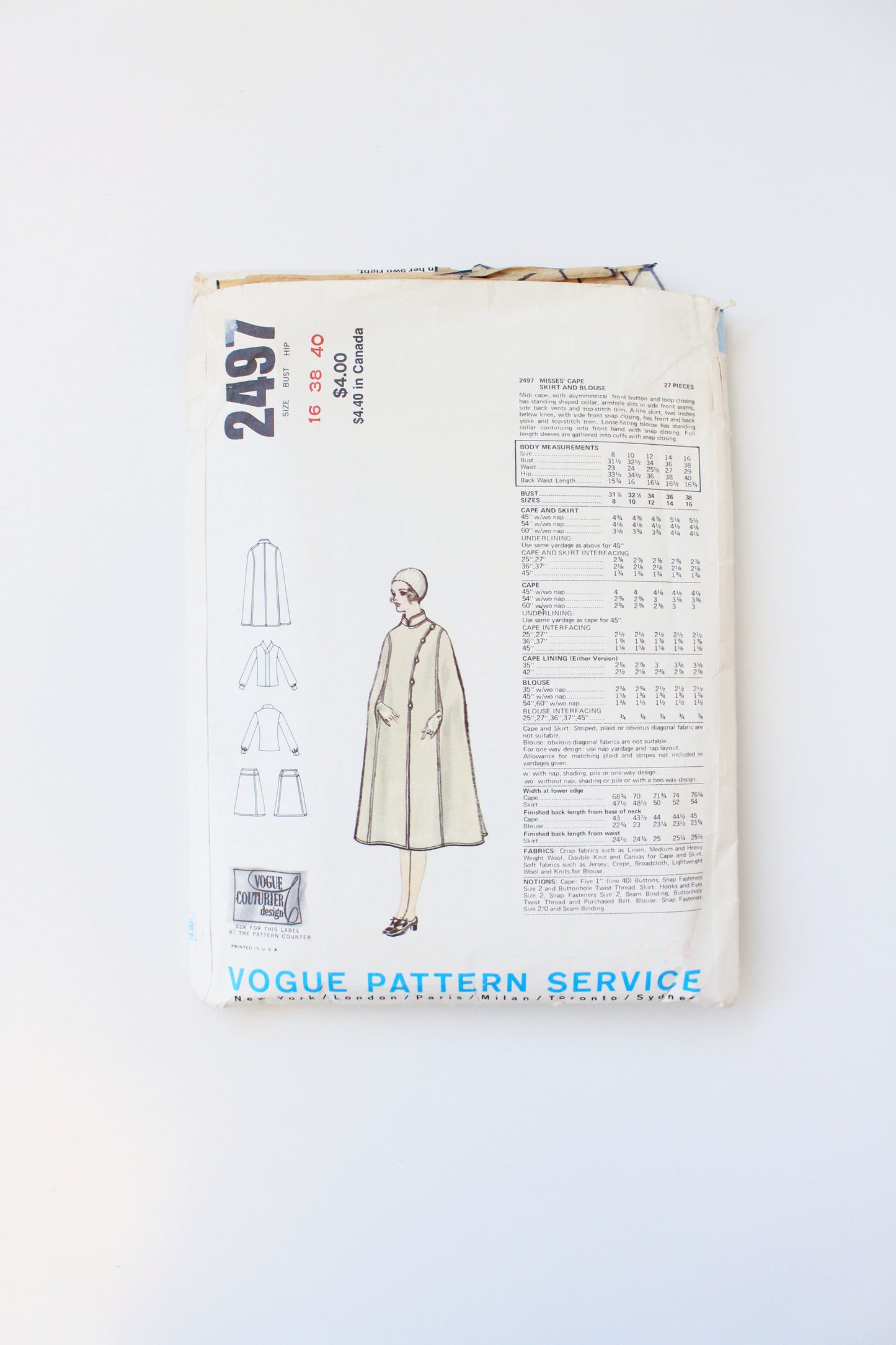1970s Cape, Blouse And Skirt Vogue Couturier Design 2497 Sewing Pattern, Galitzine Cut-Complete Size 16