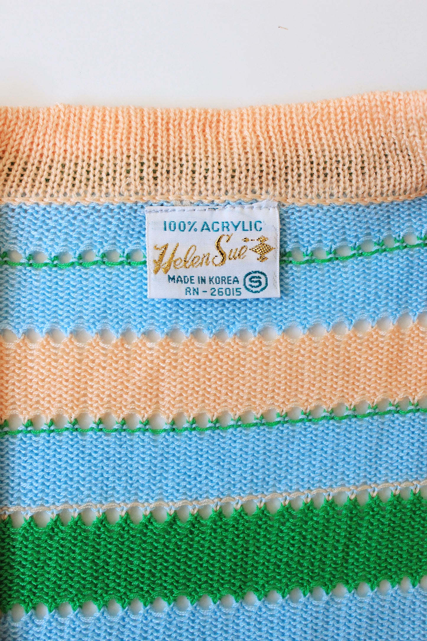 1970s Deadstock Short Sleeve 2 PC Striped Acrylic Knit Tank Top And Cardigan,Light Blue /Green/Peach, S/M