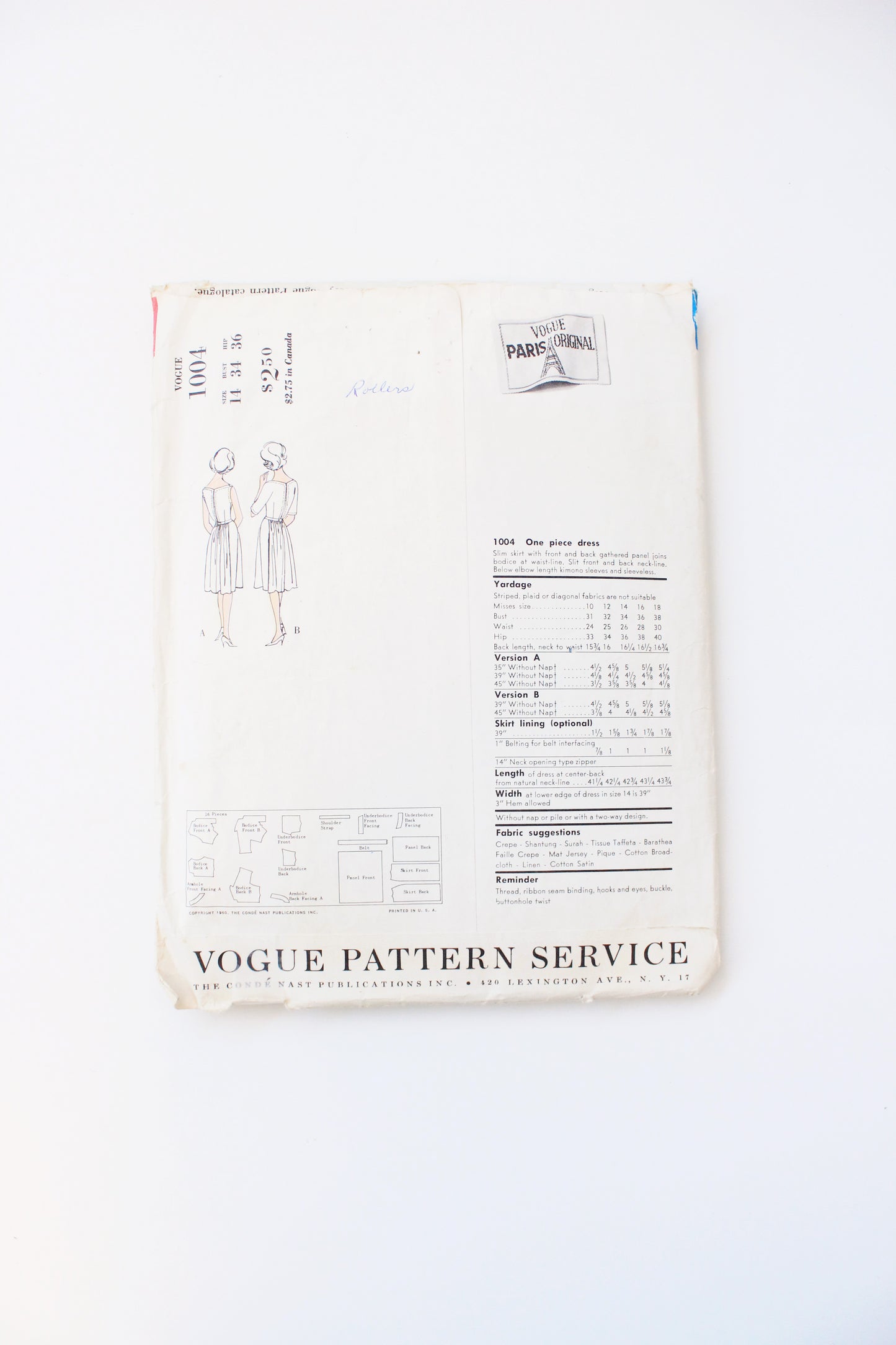 1950s Fit And Flare Dress Vogue Paris Original 1004 Sewing Pattern, Cut- Complete Size 14