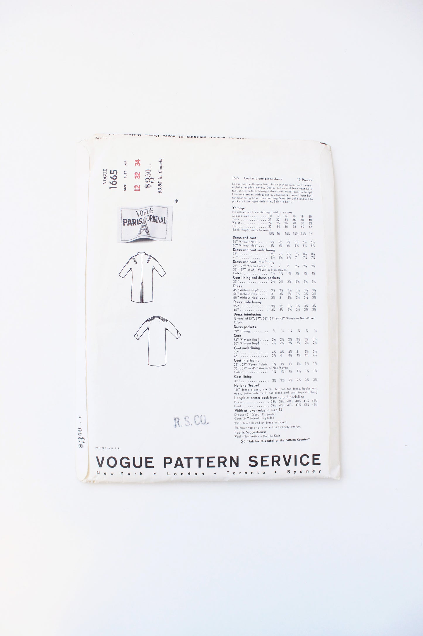 1960s Coat And One Piece Dress Vogue Paris Original 1665 Sewing Pattern, Jacques Griffe , Uncut Size 12