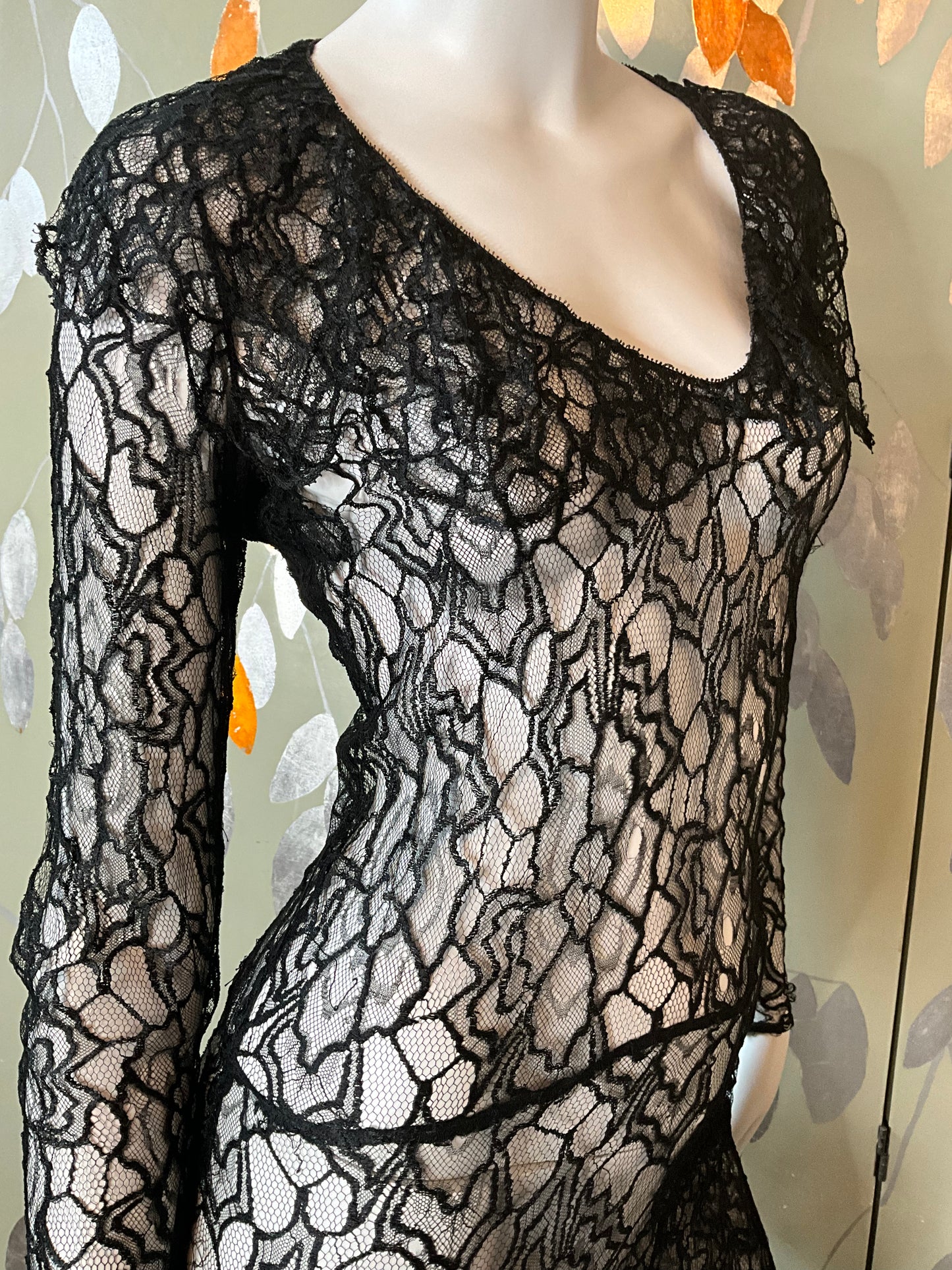 Vintage 1930s Long Sleeve Black Lace Bias Gown, Small