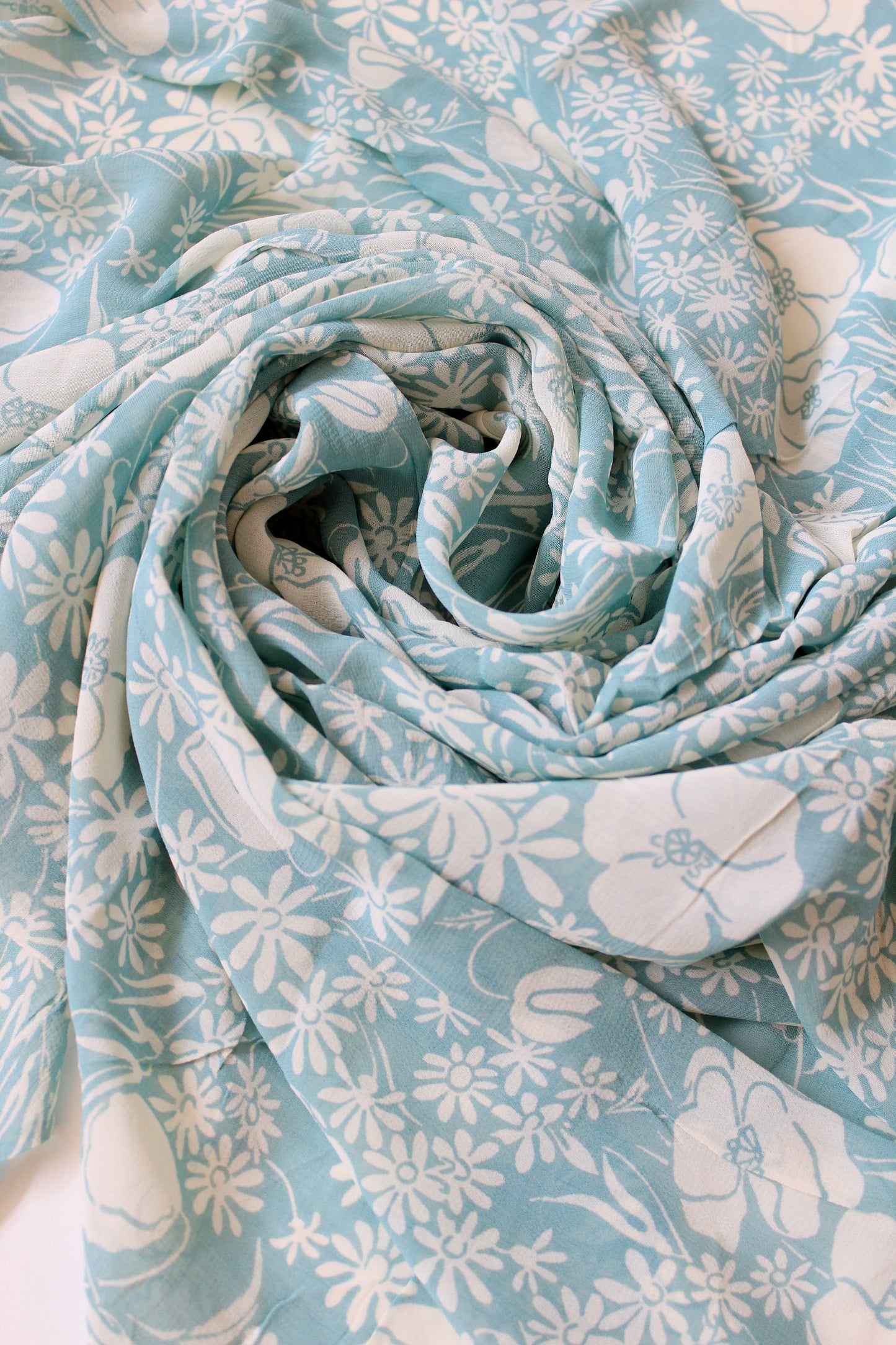 1940s Pastel Light Blue and White Feminine Floral Rayon Summer Fabric, 2.8 Yards