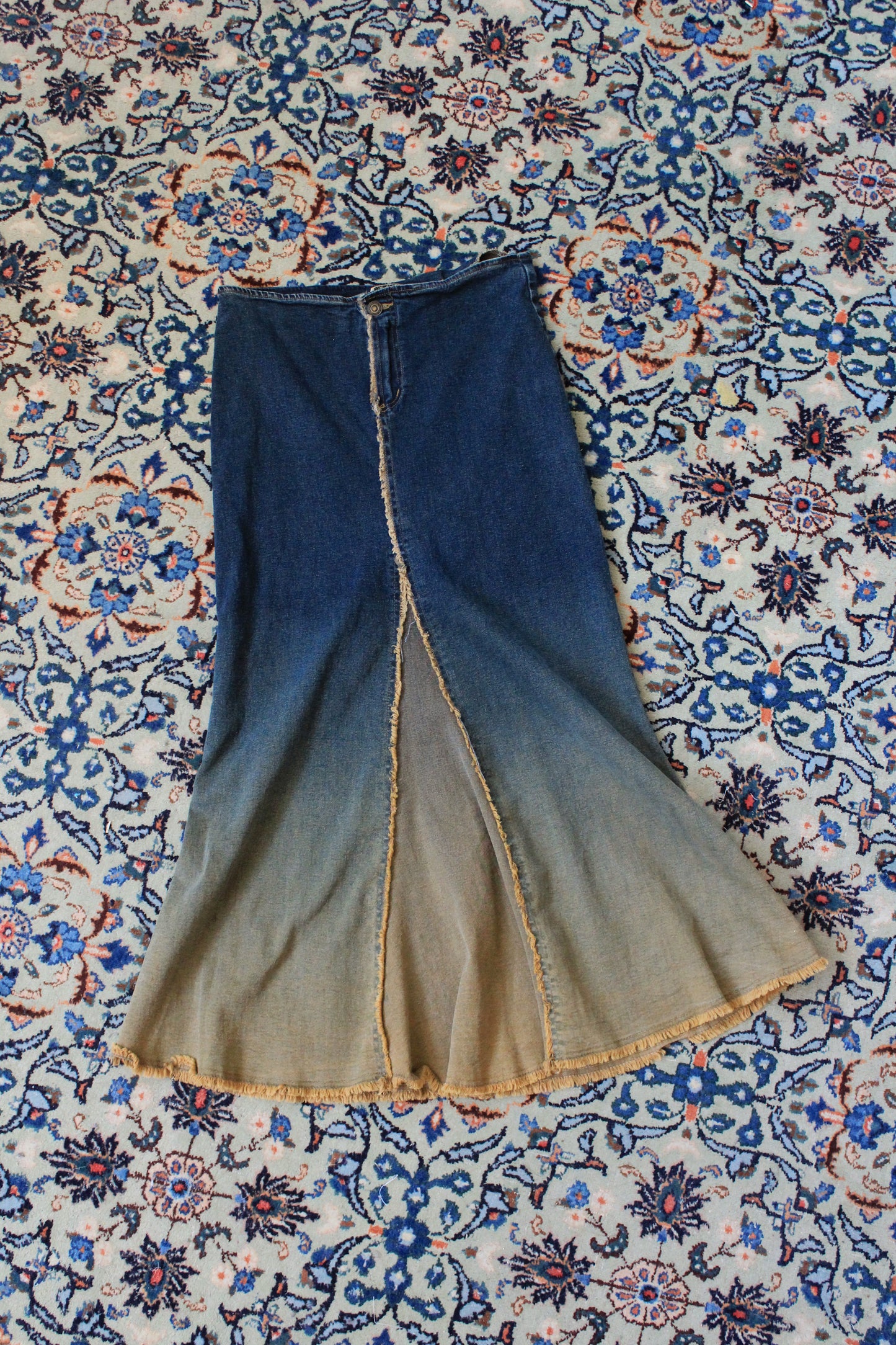 Early 2000s Dark Wash And Beige Ankle Length Skirt, Large