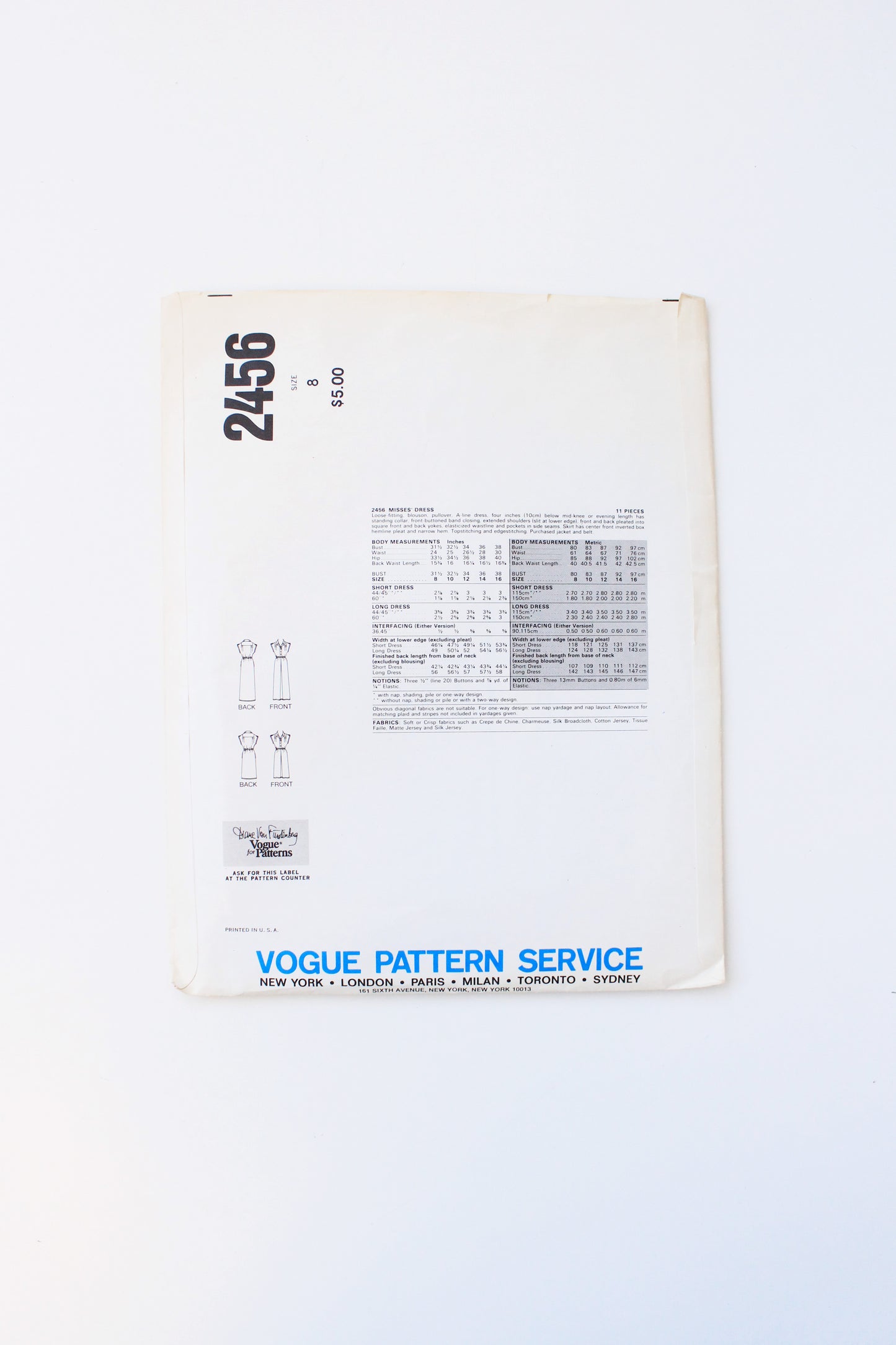 1980s Shirt Dress Vogue American Designer 2456 Sewing Pattern, Diane von Furstenberg, Uncut Size 8