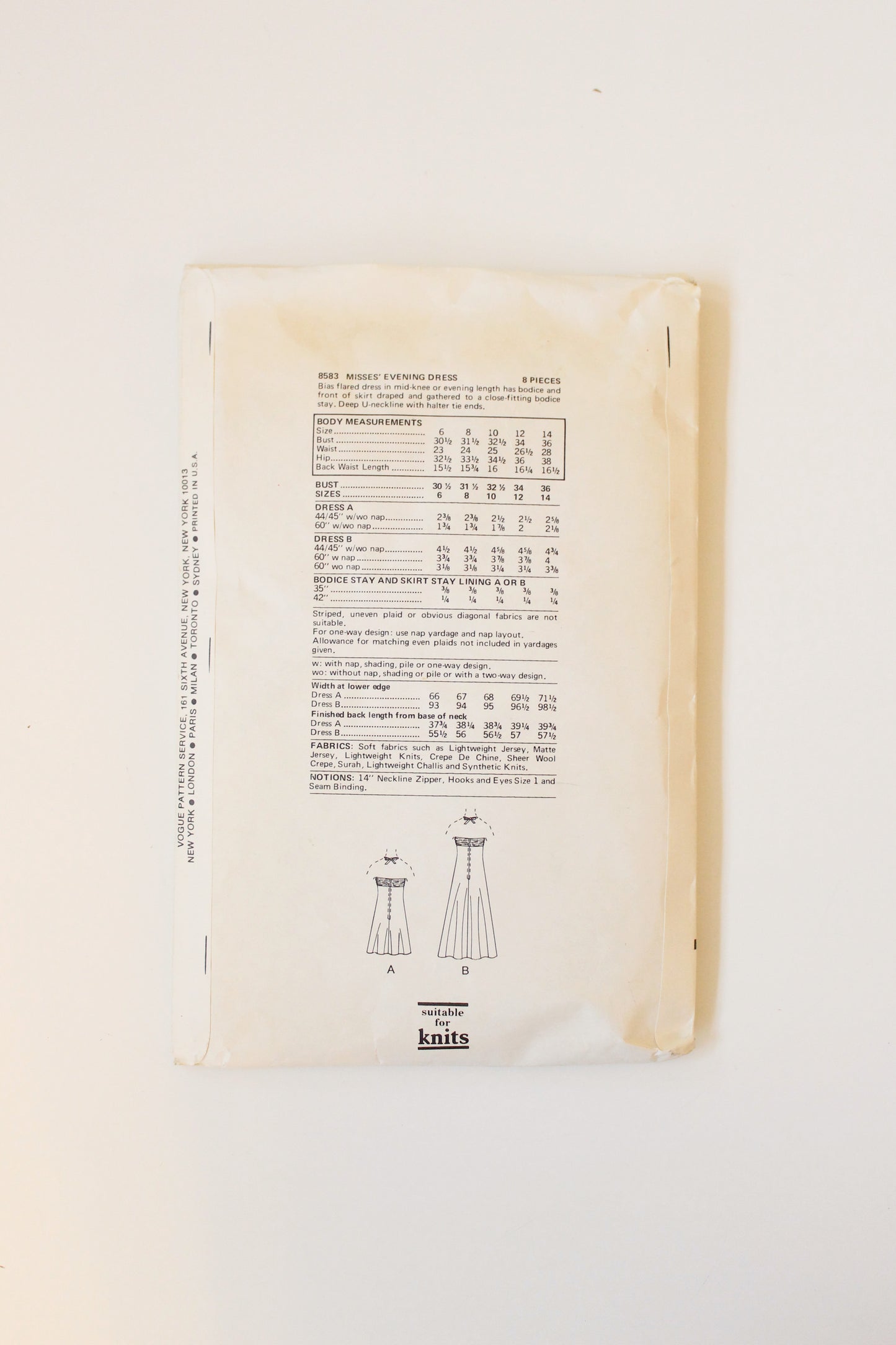 1970s U Neckline Evening Dress Vogue 8583 Sewing Pattern, Cut, Size 10