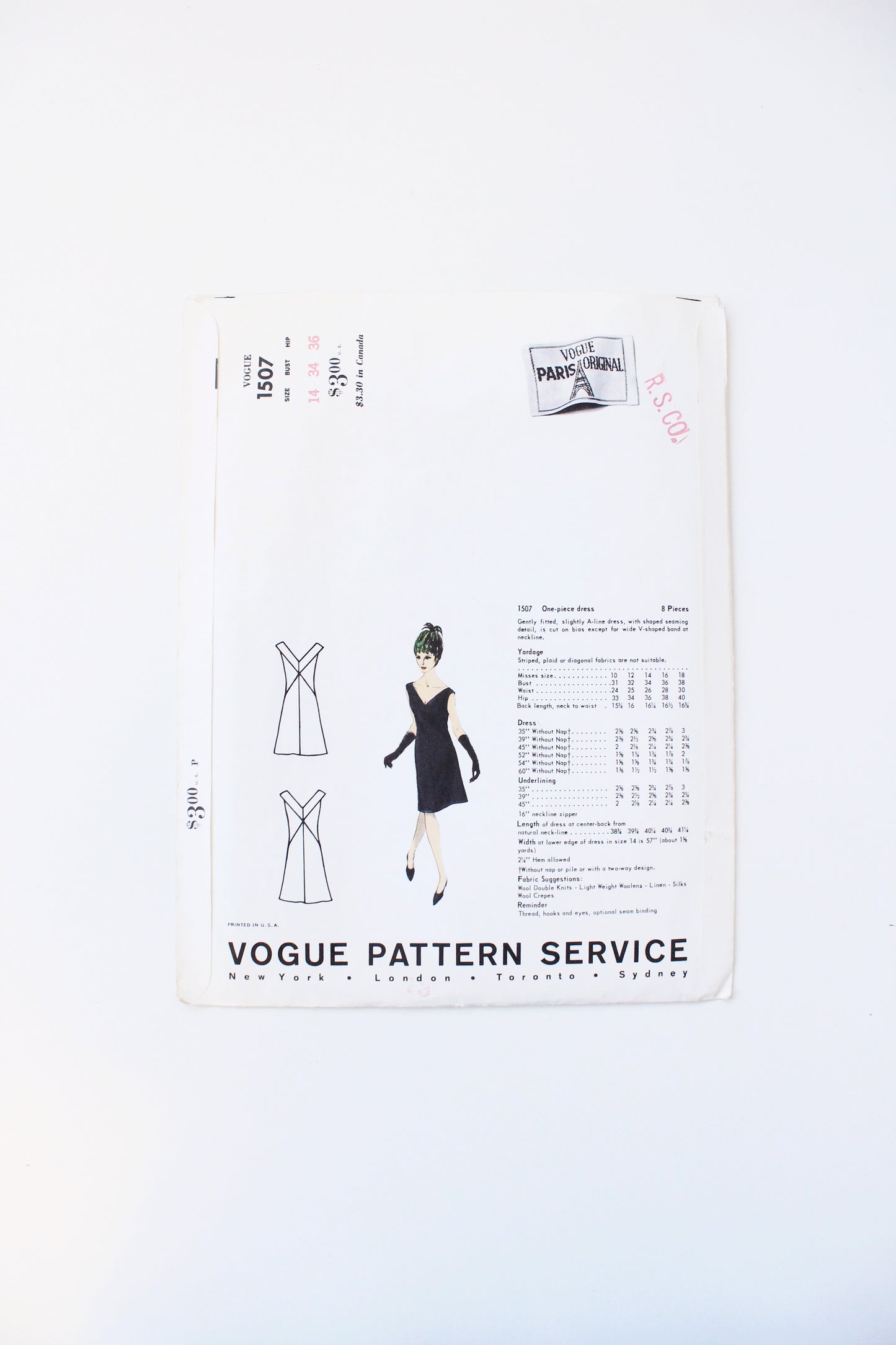 1960s One Piece A Line Dress Vogue Paris Original 1507 Sewing Pattern, Grès, Uncut, Size 14