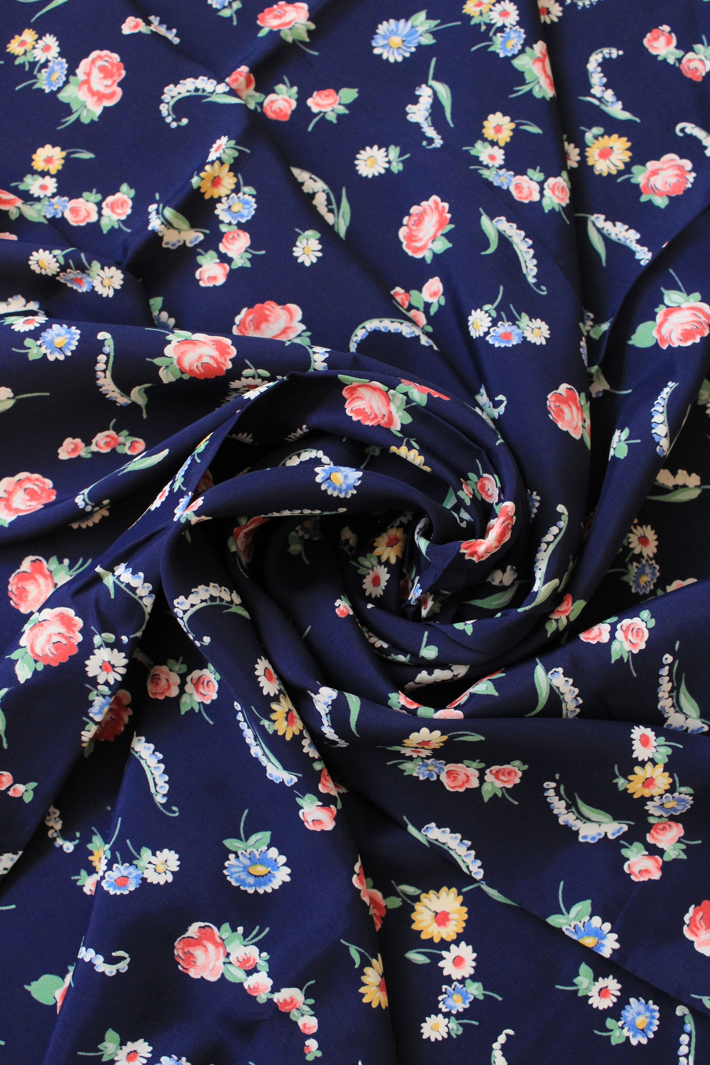 1940s Blue With Multi-Coloured Flowers Rayon Fabric, 2.5 Yards