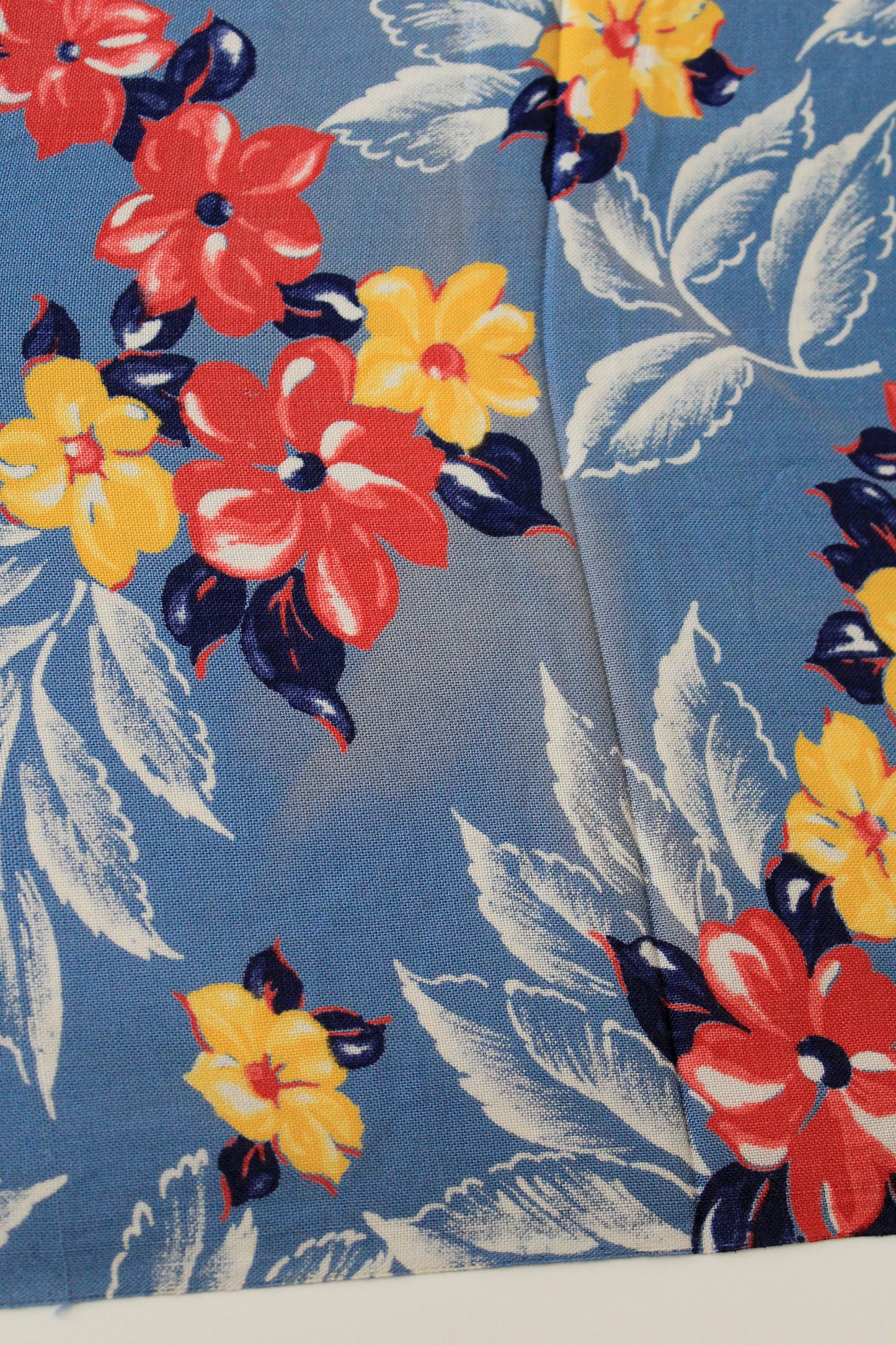 1940s Light Blue Rayon Fabric With Red And Yellow Tropical Flowers, 6.5 Yards