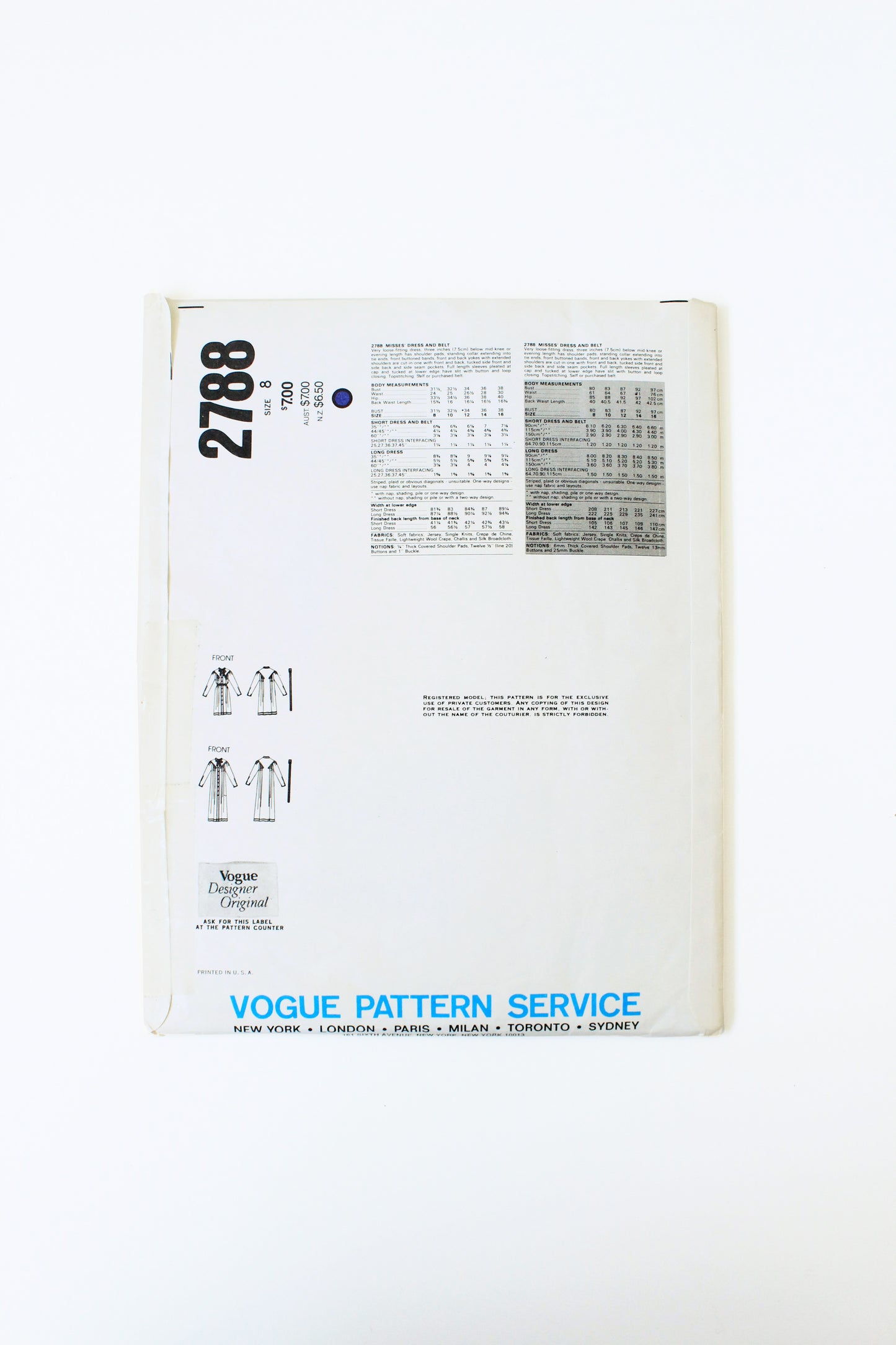 1980s Dress Jean Muir Vogue Patterns 2788 Sewing Pattern, Uncut Size 8