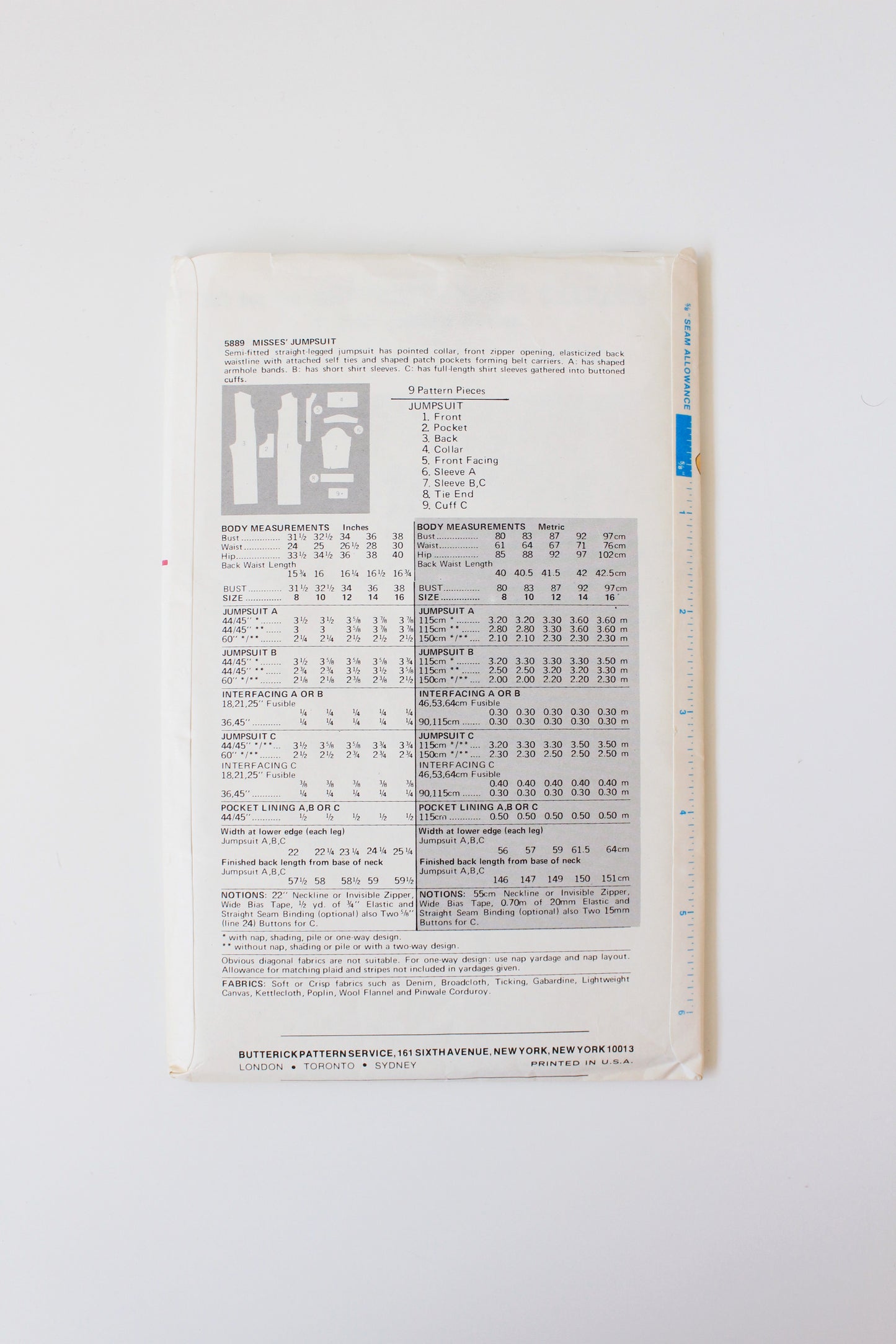 1970s Misses Jumpsuit Butterick 5889 Sewing Pattern, Uncut, Size 12