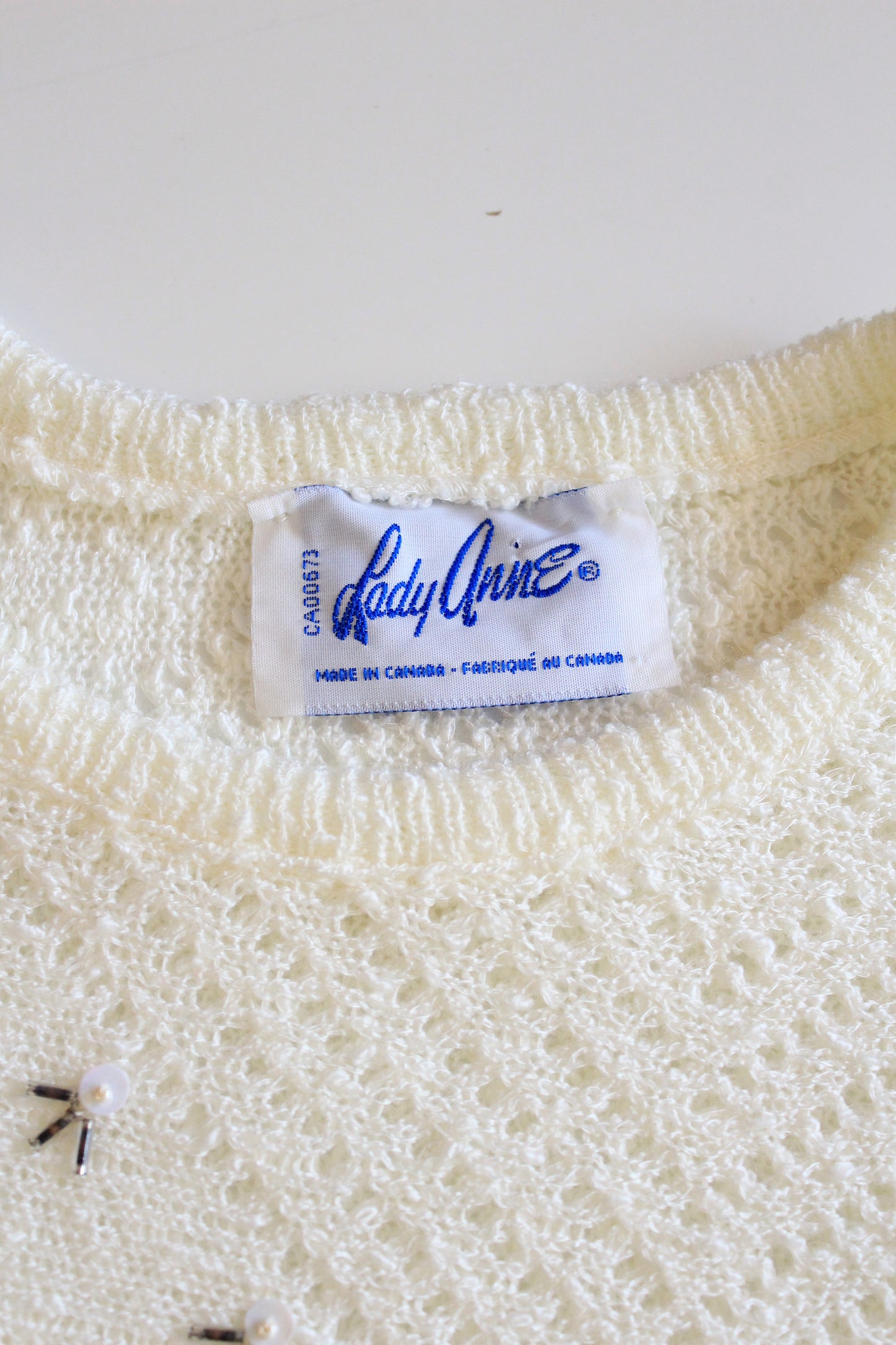 1980s Deadstock Cream 3/4 Sleeve Knit Top With Beaded Zig Zag, Medium