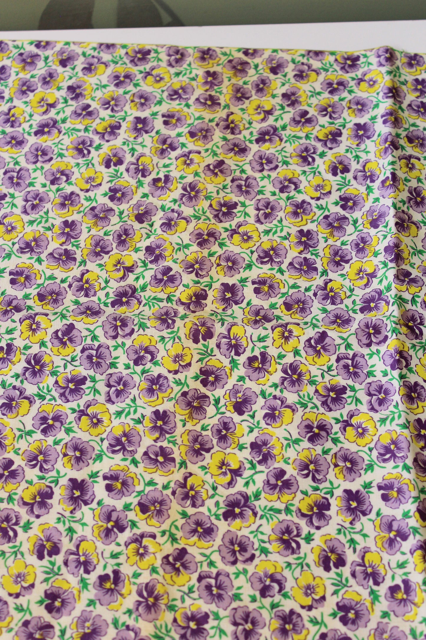 1940s Purple And Yellow Ditsy Illustrated Flower Cotton Fabric, 3.5 Yards