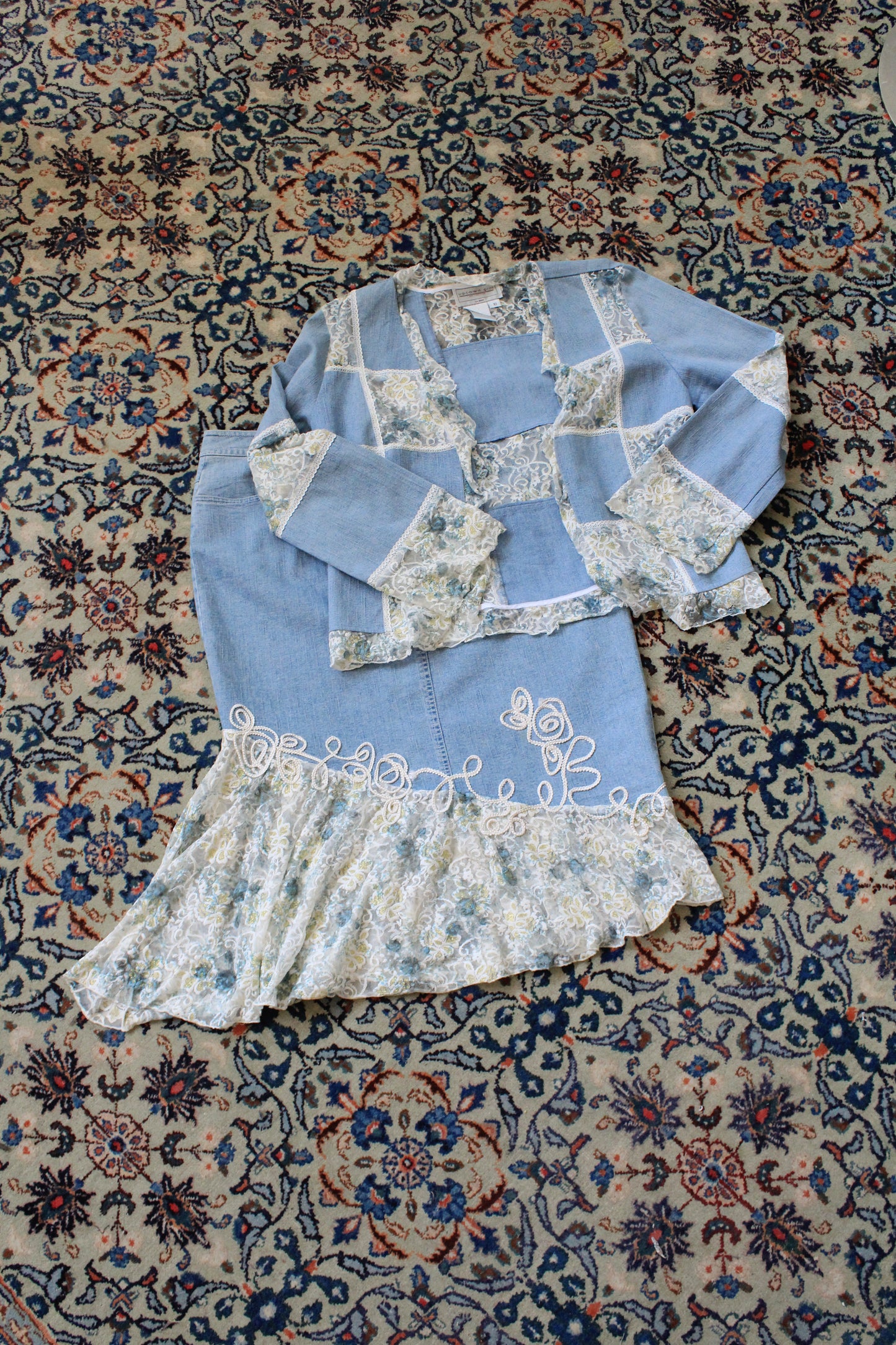 Early 2000s Denim and White Lace Skirt Matching Set, Medium