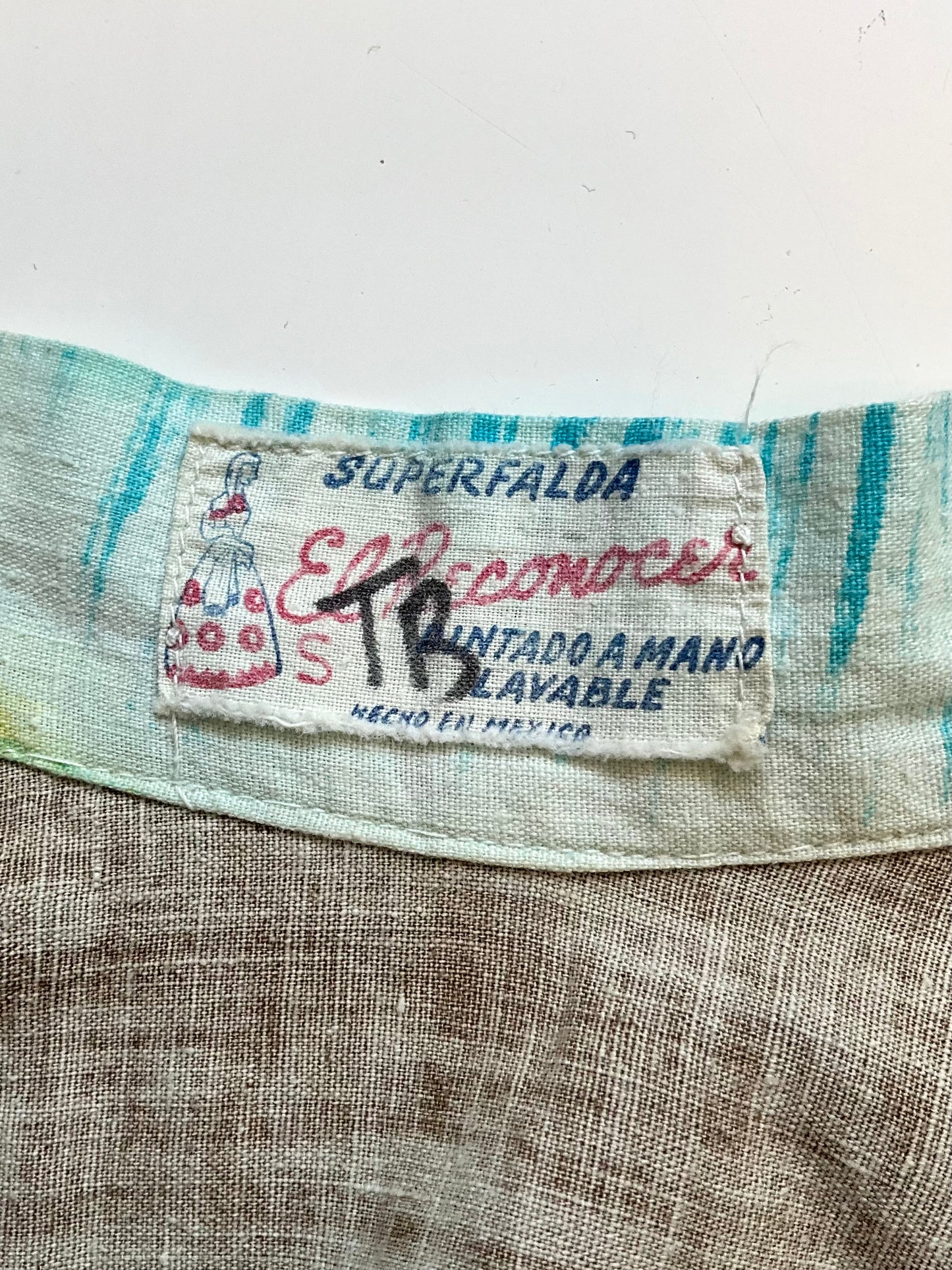 Fabric label with text on a cotton skirt waistband