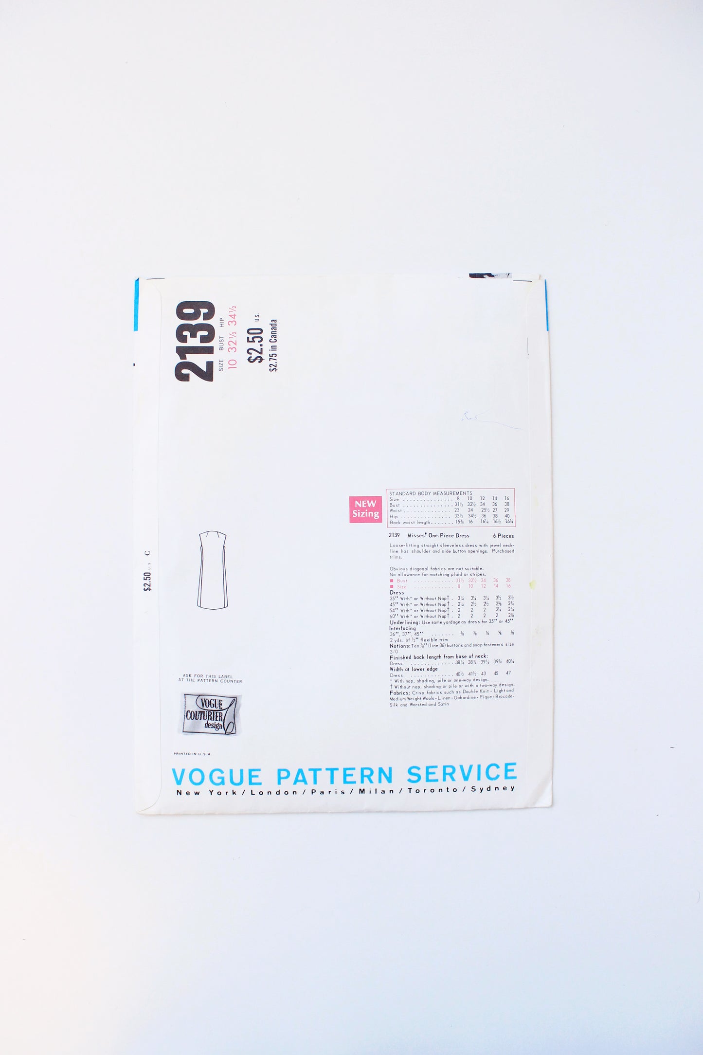 1960s One Piece Shift Dress Vogue Couturier Design 2131 Sewing Pattern, Perteqaz , Partially Uncut Size 10