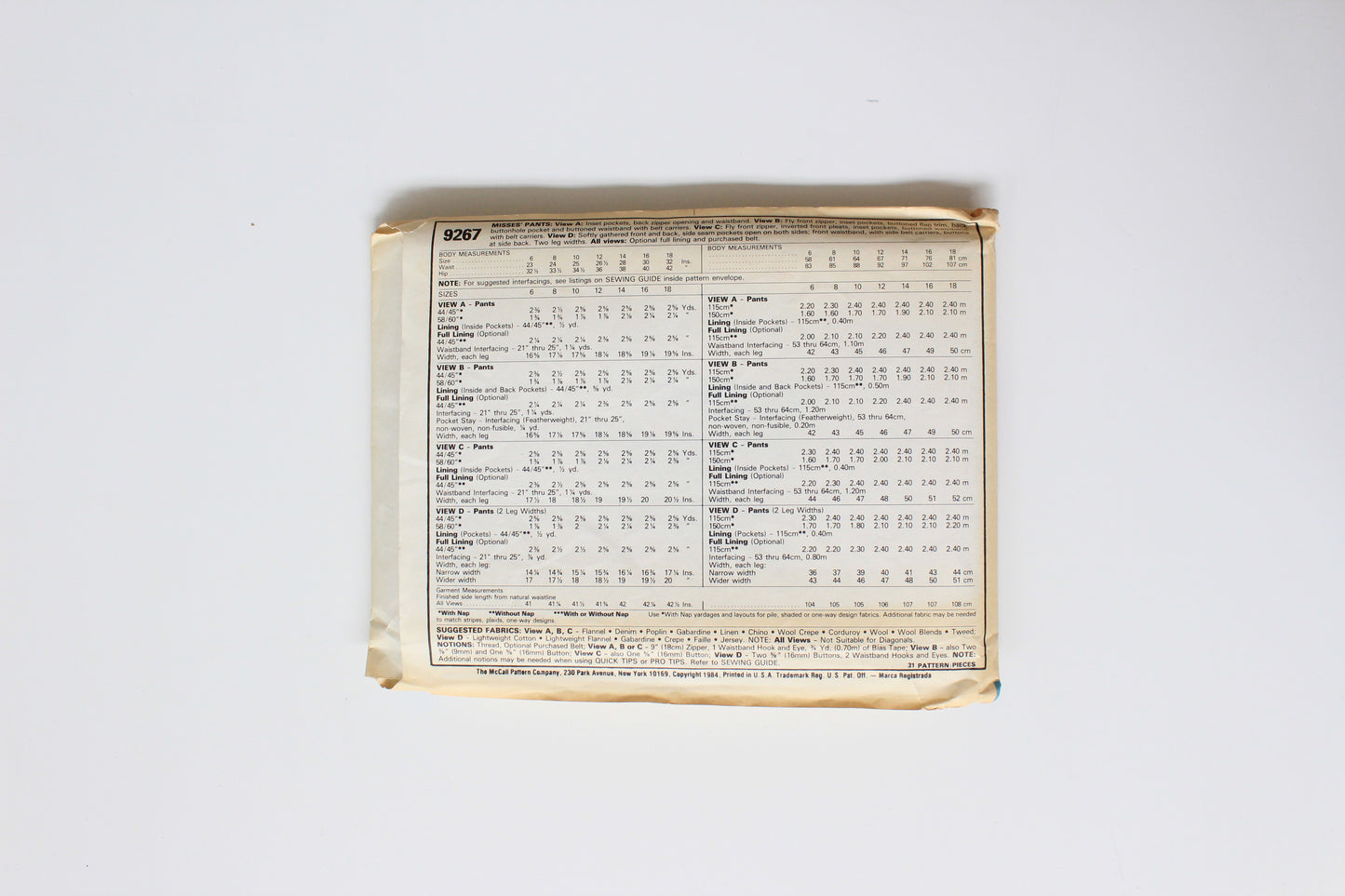 1980s Tailored Trousers McCall's 9267 Sewing Pattern, Uncut Size 6