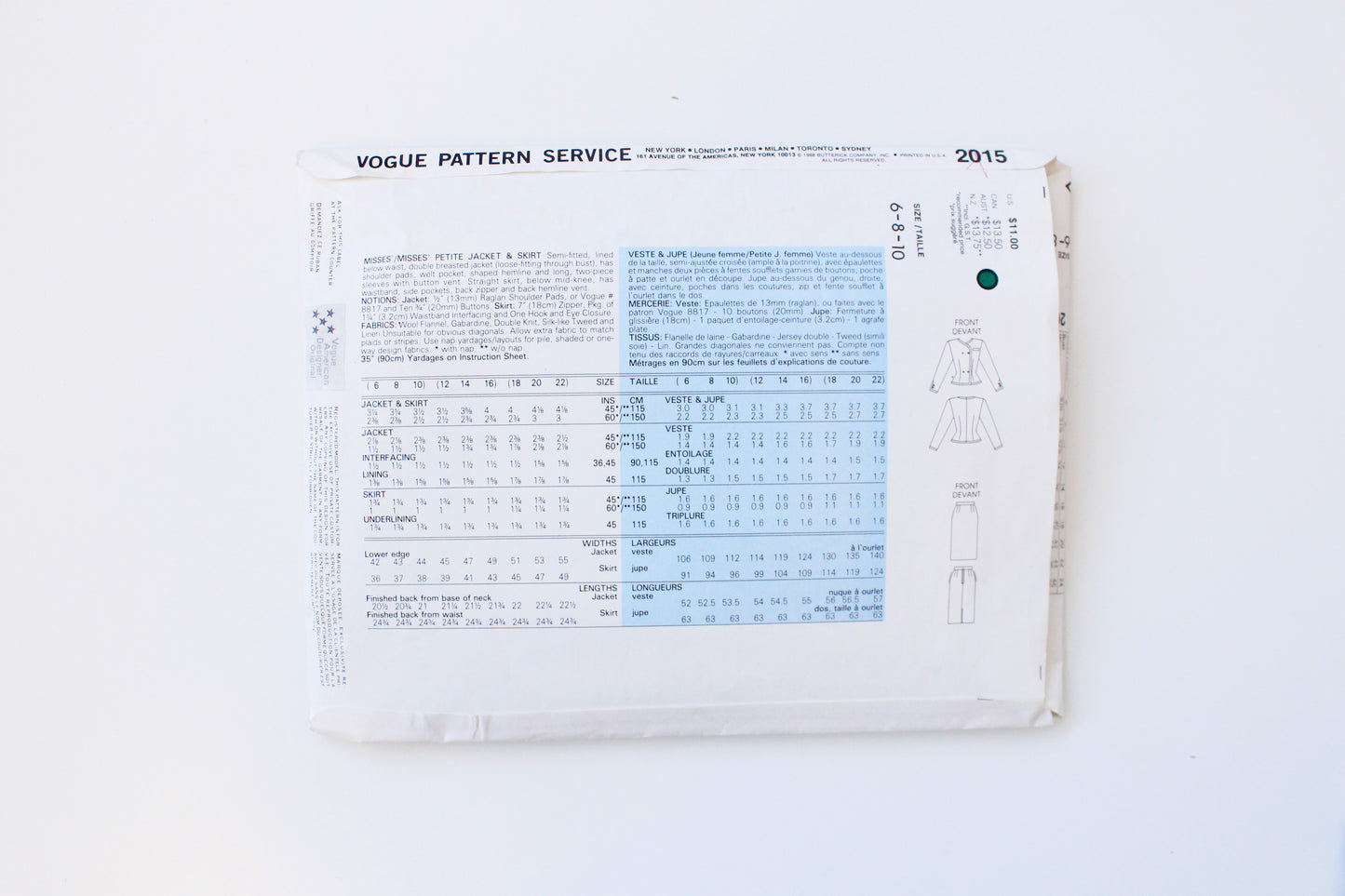 1980s Petite Jacket And Skirt Vogue American Designer 2015 Sewing Pattern, Bill Blass, Partially Cut-Complete Size 6-8-10