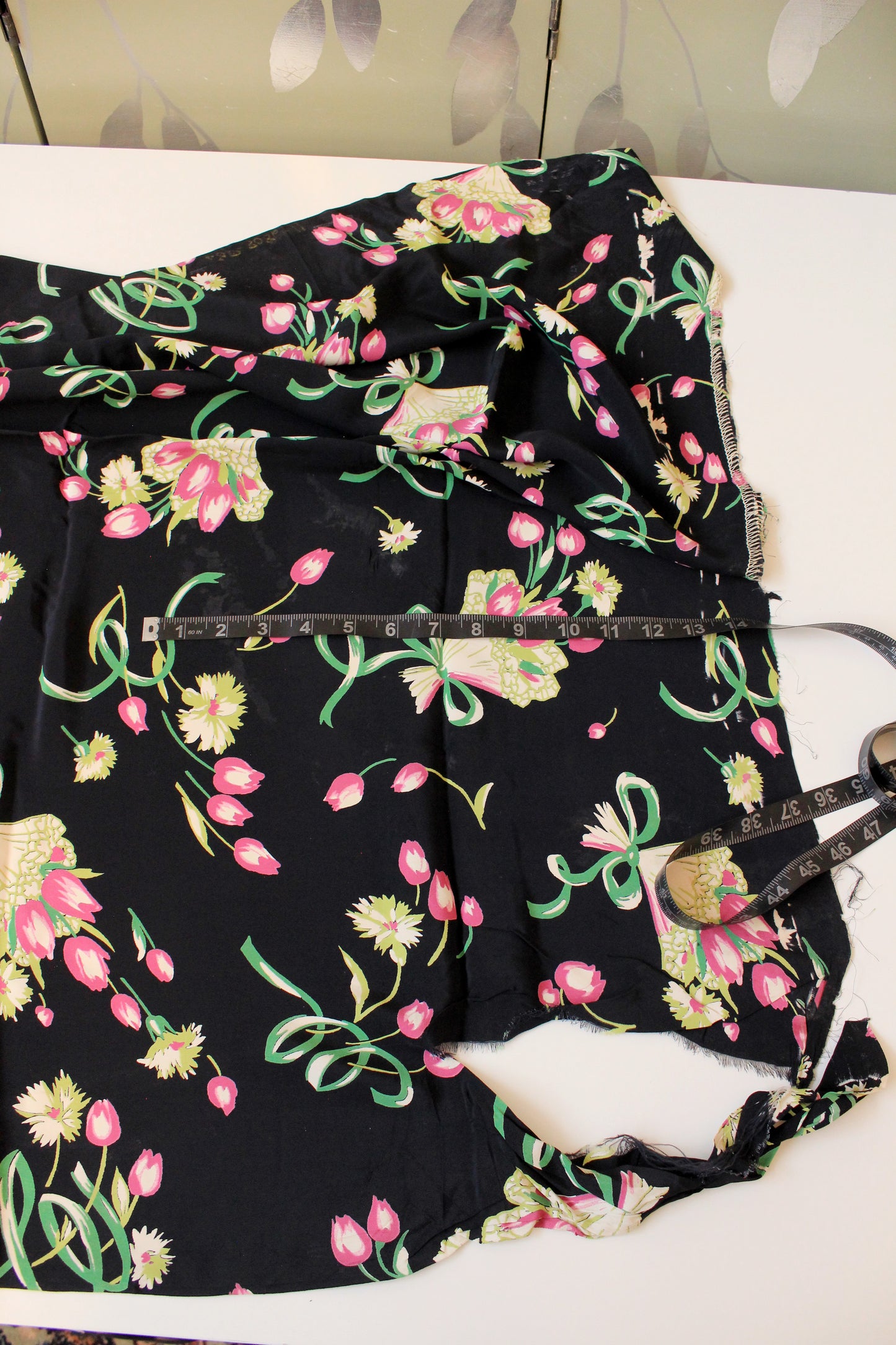 1940s Black Rayon Fabric With Pink And Green Tulip Bouquets, 5.5 Yards