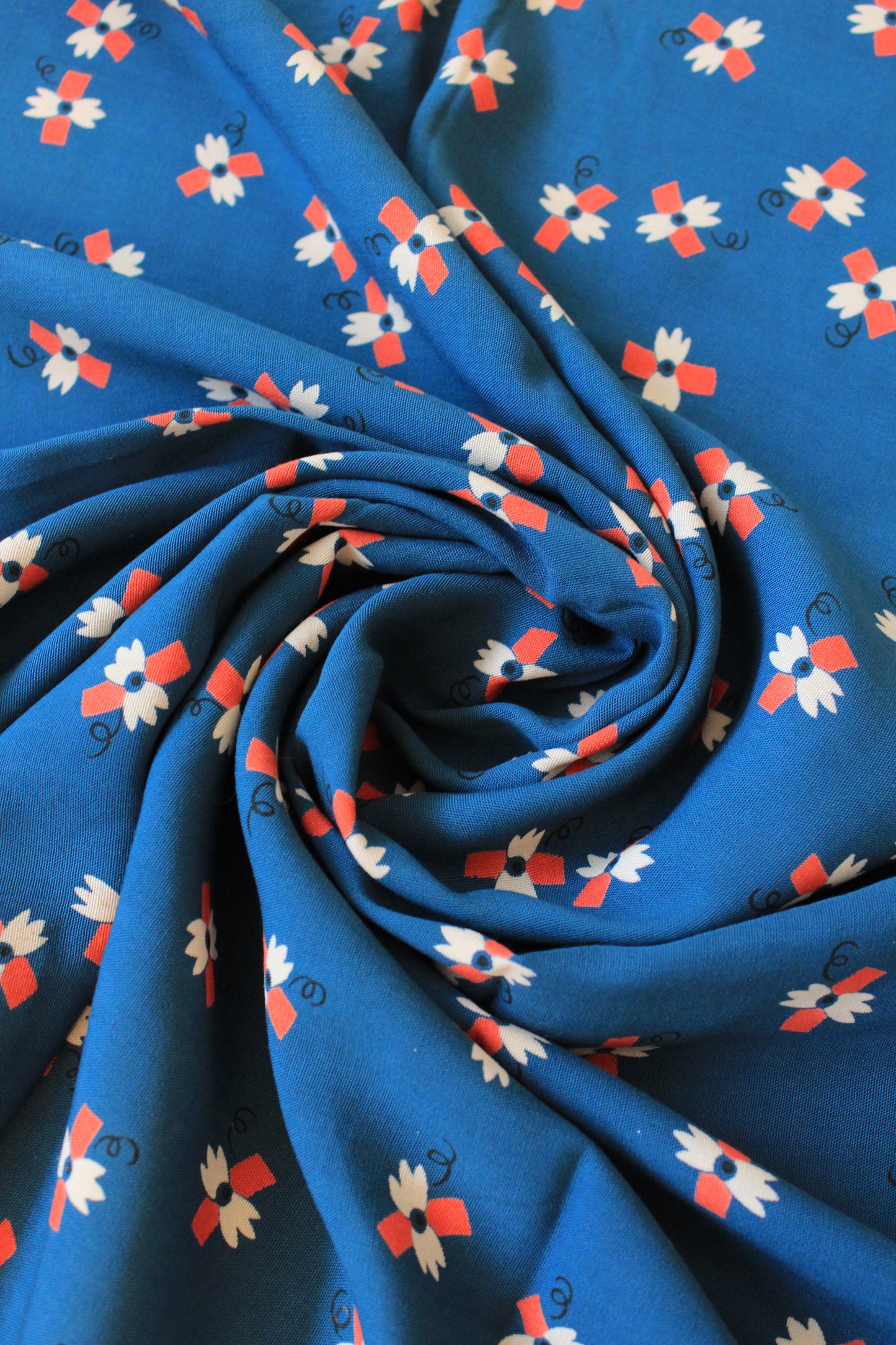 1940s Cobalt Blue White Orange And White Abstract Pattern, Rayon Fabric, 3.5 Yards