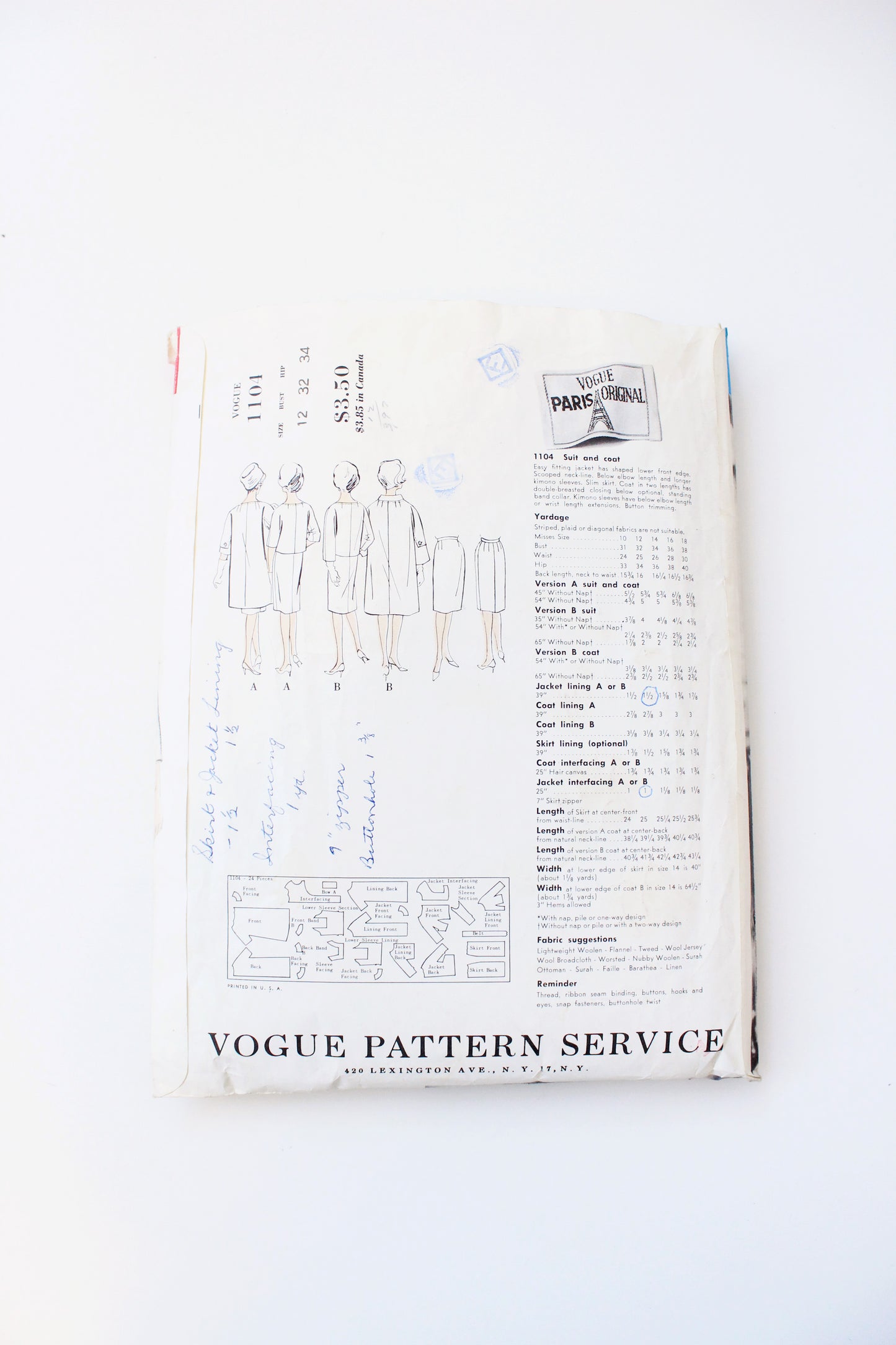 1960s Suit And Coat Vogue Paris Original 1104 Sewing Pattern, Patou, Partially Cut-Complete Size 12