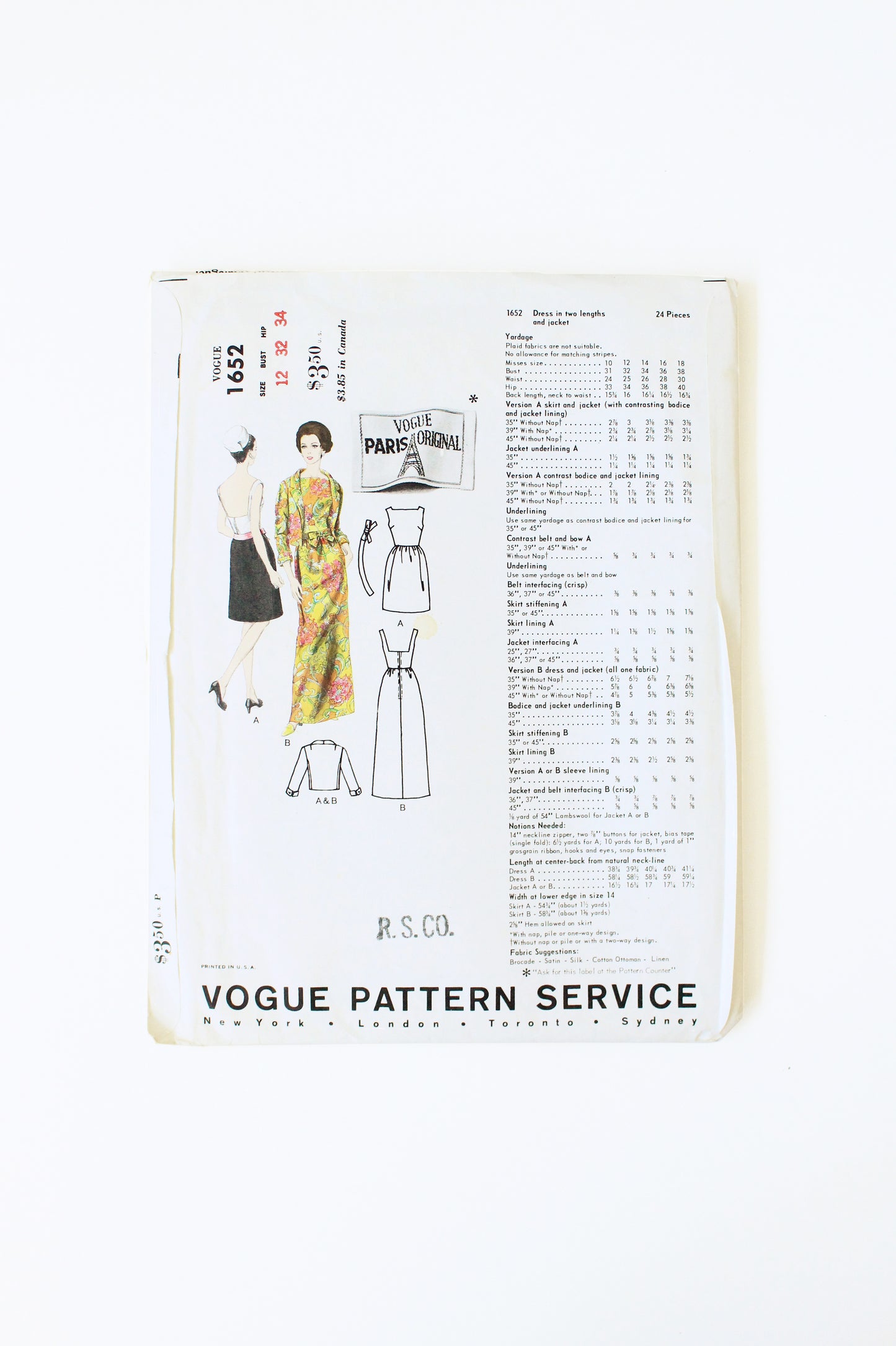 1960s Molyneux Dress Vogue Paris Original 1652 Sewing Pattern, Uncut Size 12