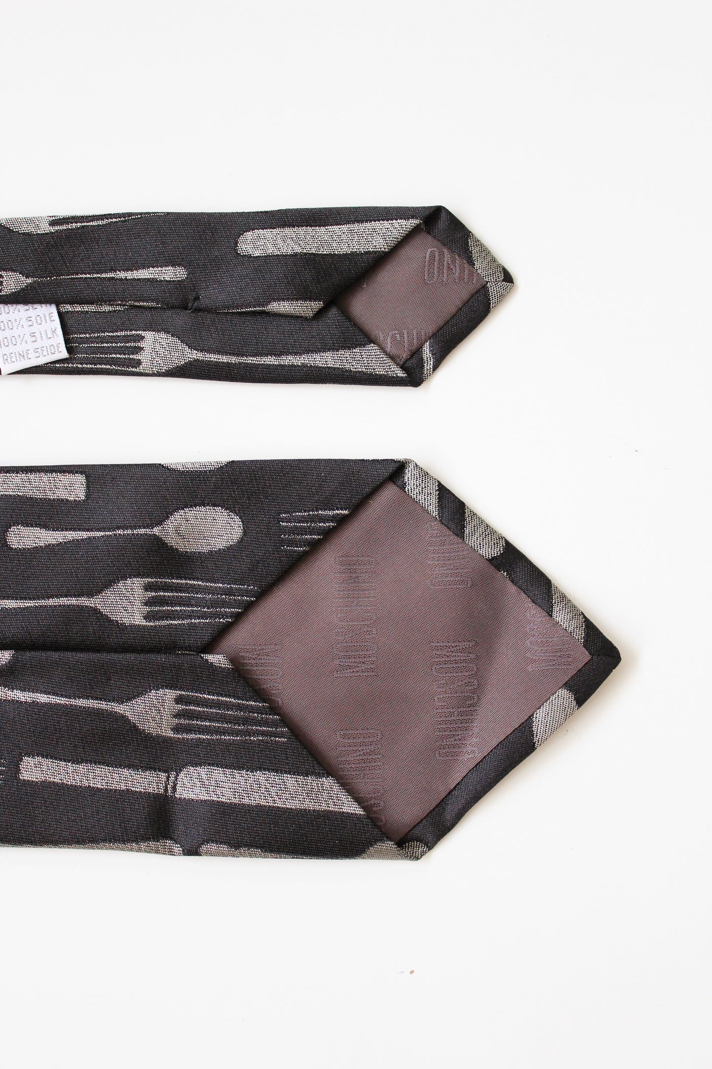 1990s Moschino Black And Silver Utensil Silk Designer Tie