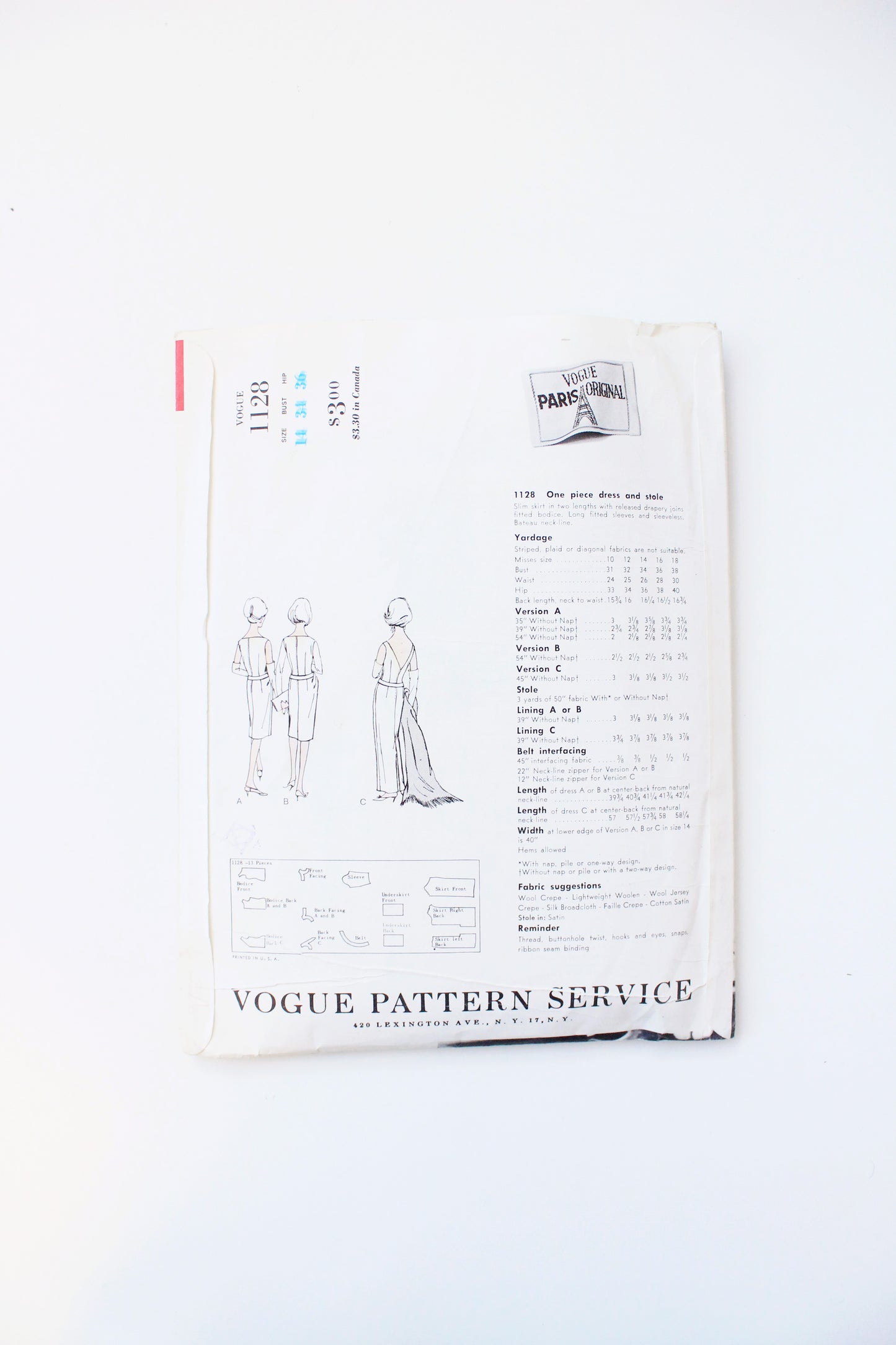 1960s One Piece Dress And Stole Vogue Paris Original 1128 Sewing Pattern, Patou , Partially Cut-Complete Size 12 And 14