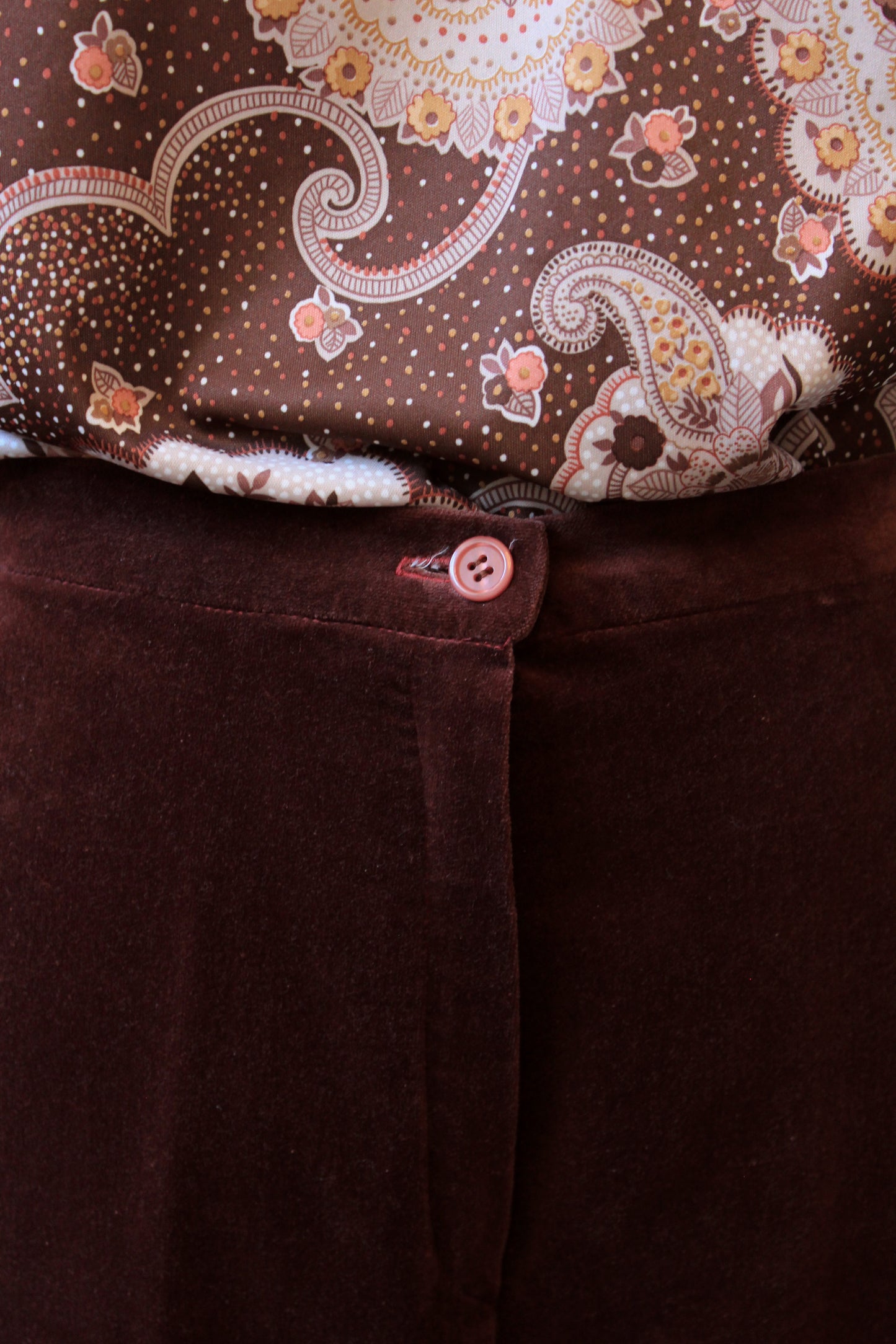 1970s Brown Velvet High Waisted Wide Leg Pants, XS