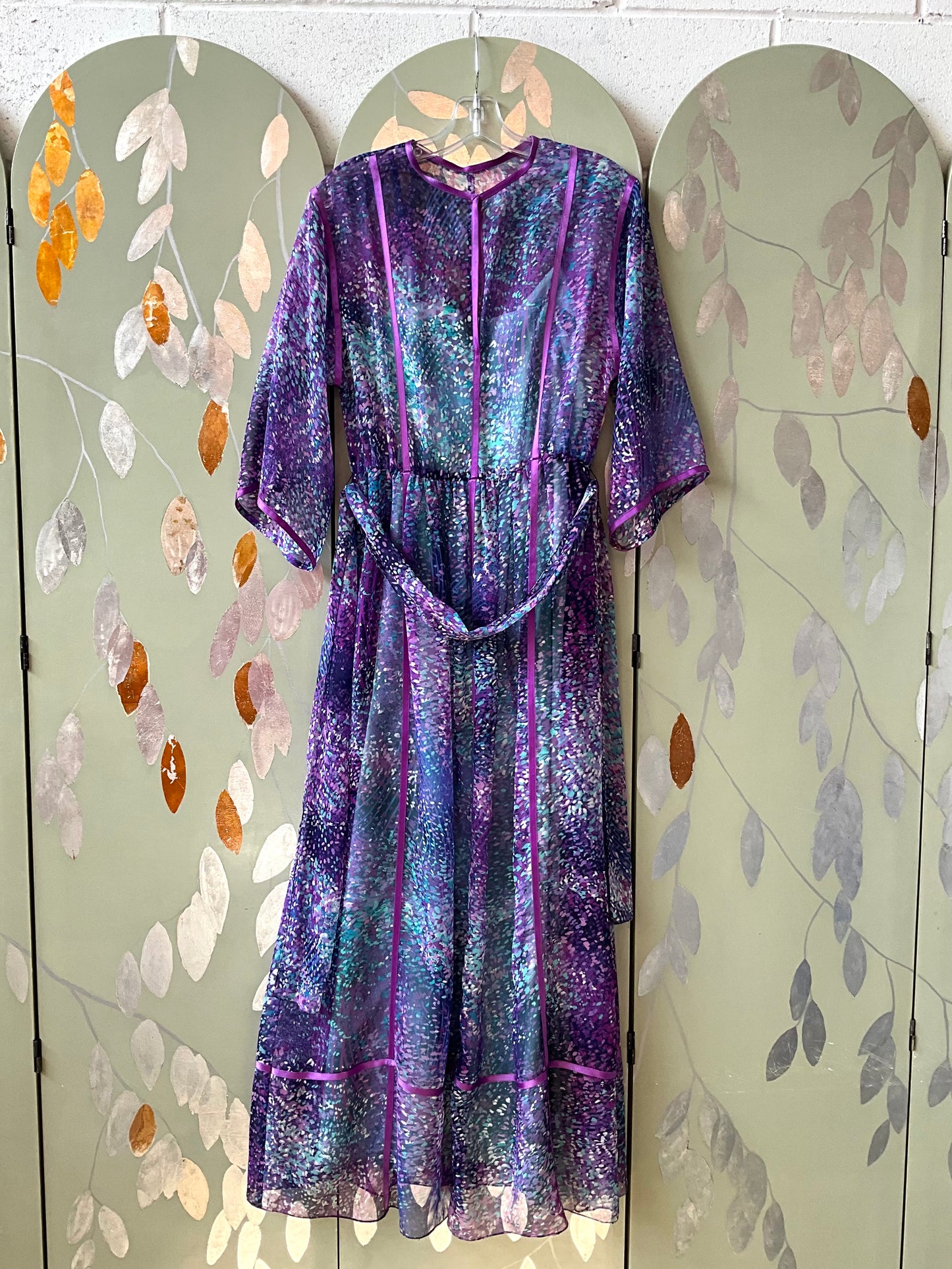 Vintage 1970s Purple and Blue Printed Chiffon Maxi Dress, Small