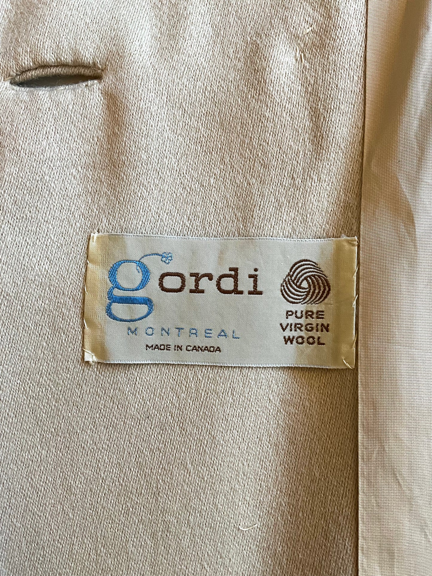 Vintage 1970s Beige Wool Double Breast Pea Coat with Gold Lion Head Belt, XS/S