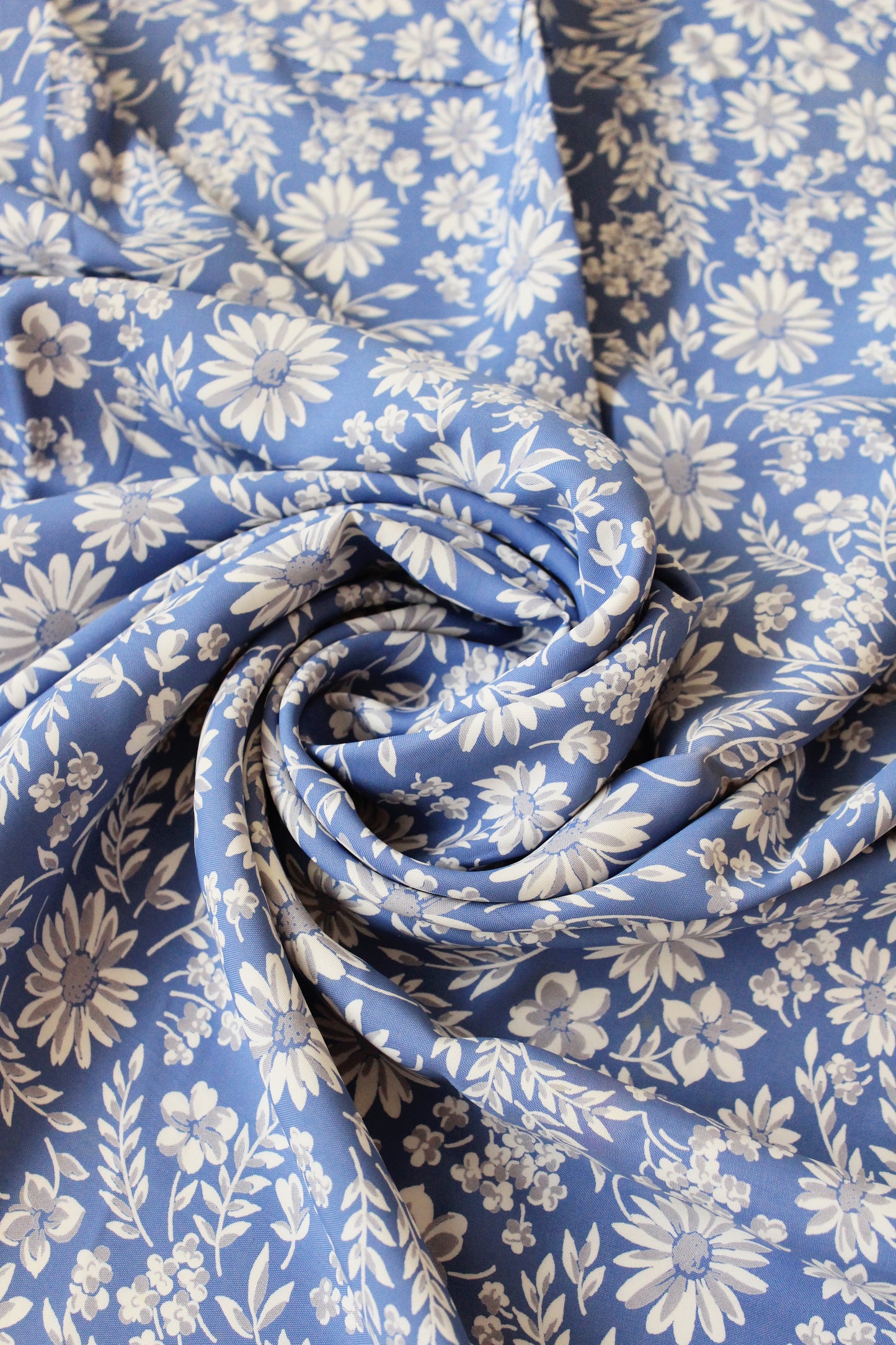 1940s Medium Blue And White Floral Rayon Fabric, 3 Yards