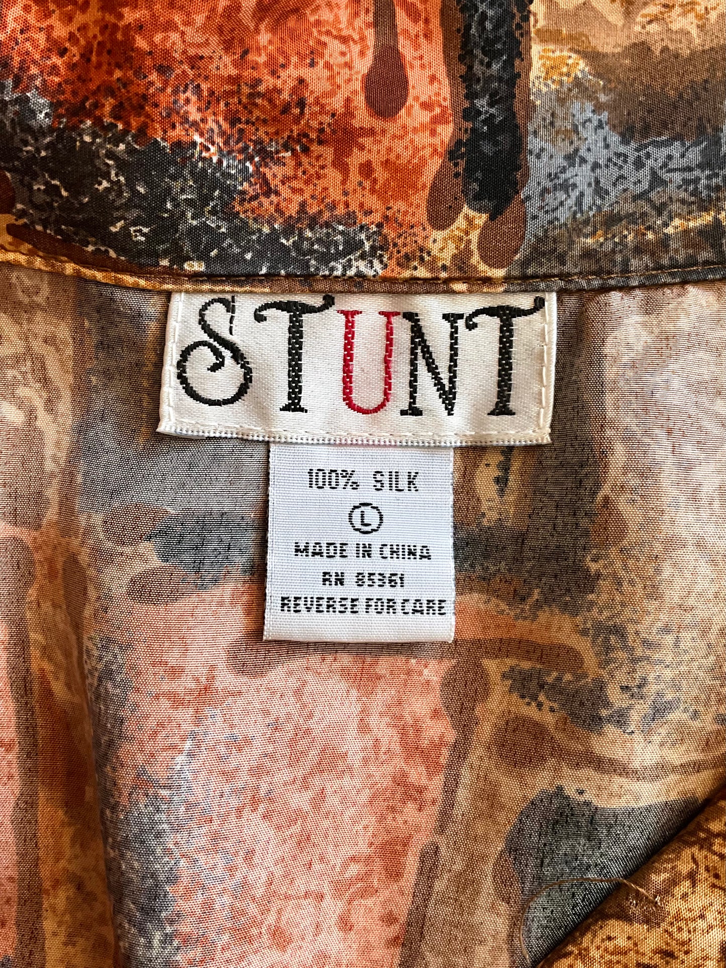 Vintage 1980s Brown Grey Autumnal Geometric Print Long Sleeve Silk Blouse, Large