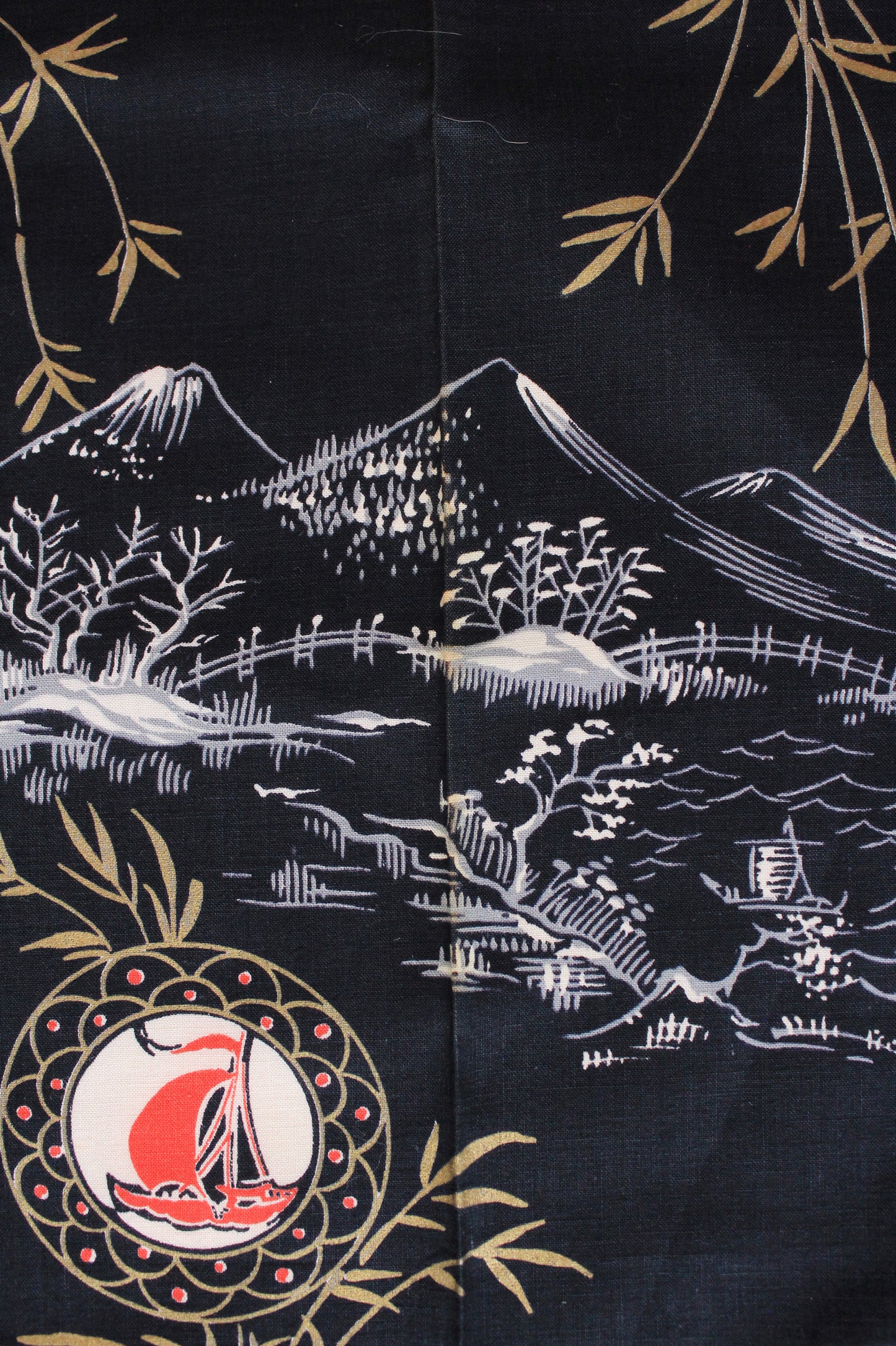 Vintage 1970s Black Cotton Fabric With Chinese Illustrations, 4.9 Yards