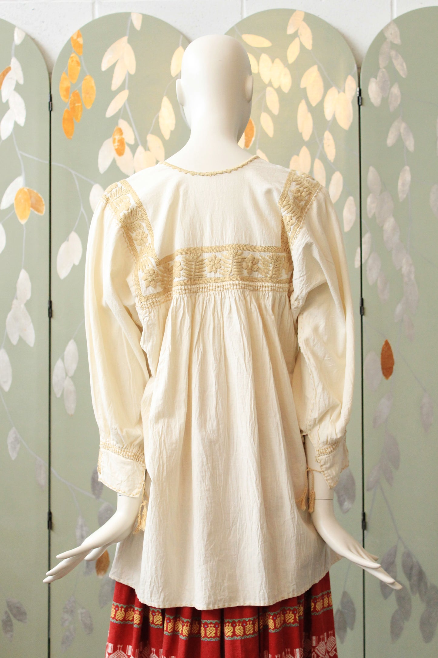 Vintage 1970s Cream And Beige Embroidery Long Sleeve Peasant Top, Large