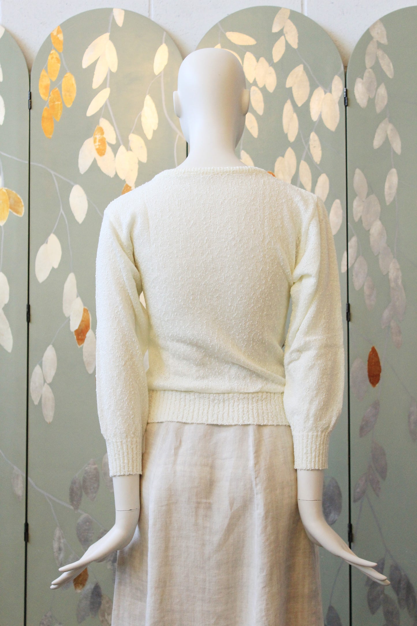 1980s Cream Diagonal Line Deadstock Bracelet Sleeve length Cream Knit Top, Small