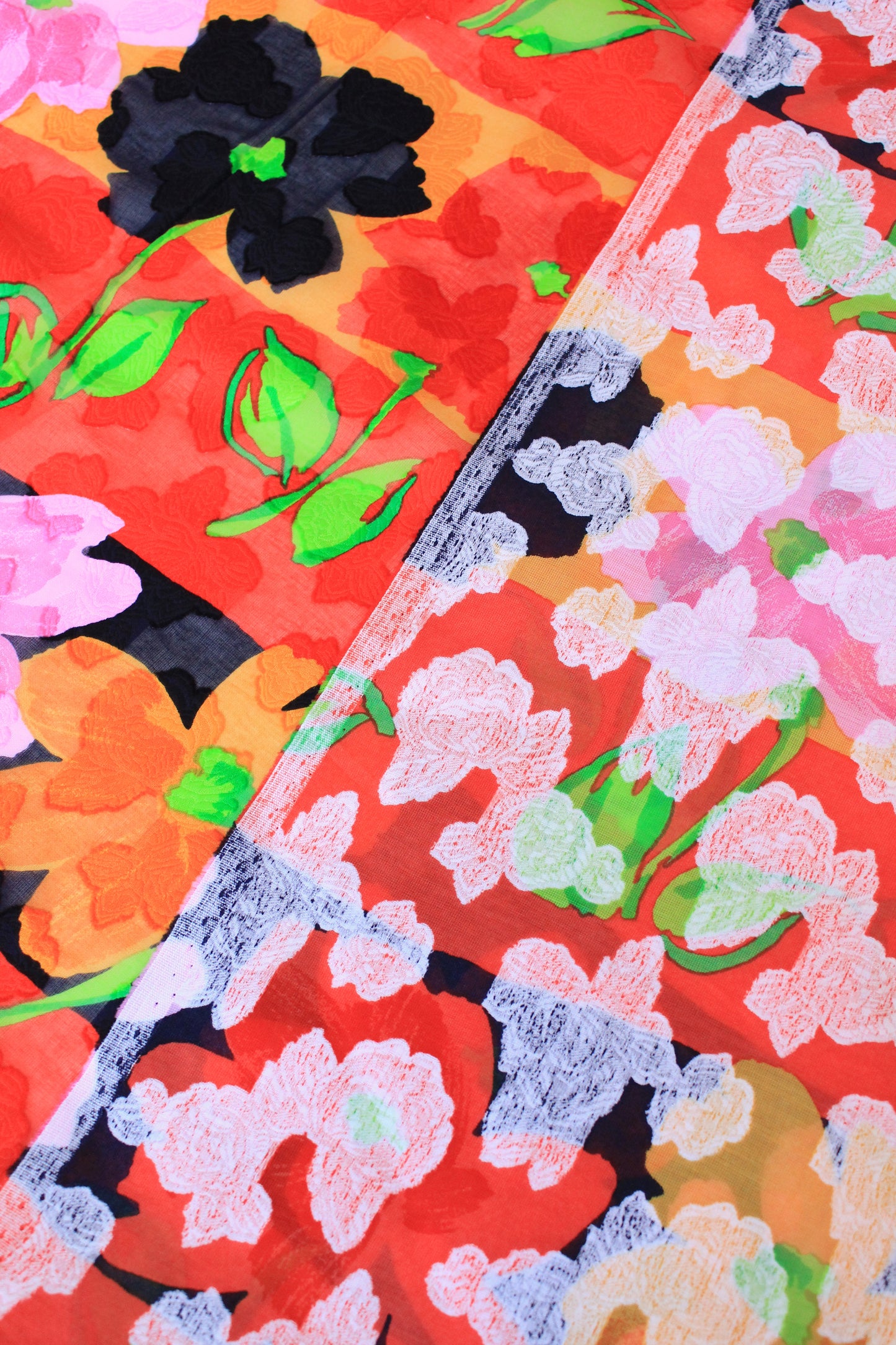 Vintage 1980s Semi Sheer Pink/Orange/Red/Black Large Floral Fabric, 3.3 Yards