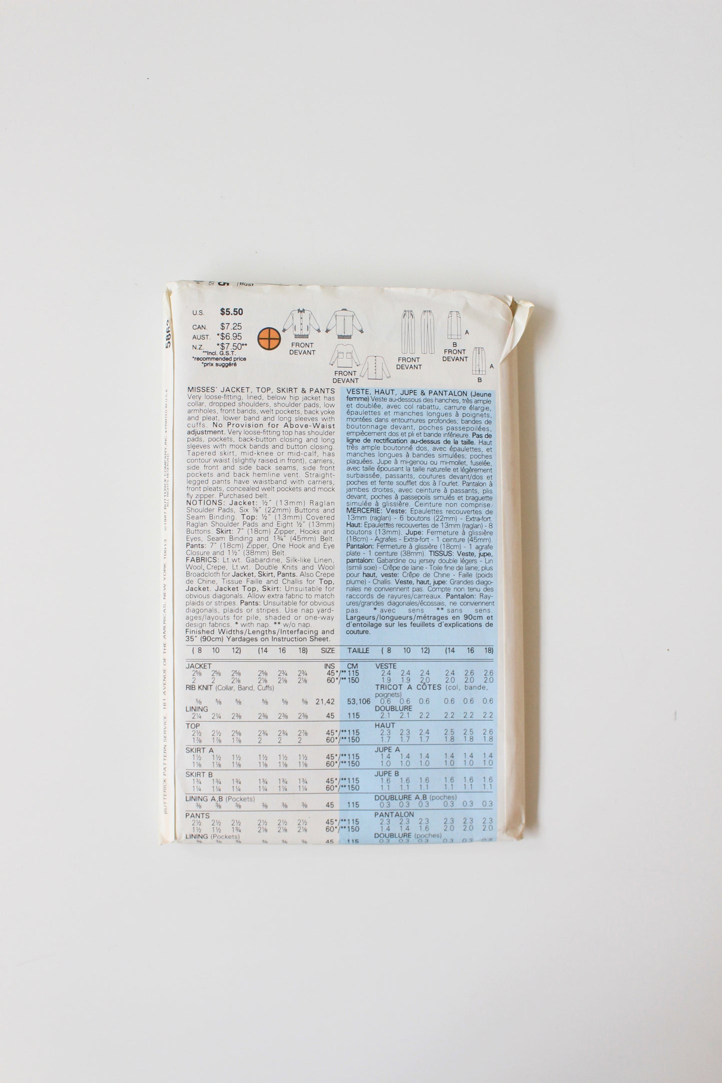 Mid 1980s Jacket, Top, Skirt And Pants Butterick 5863 Sewing Pattern, Uncut Size 8,10,12