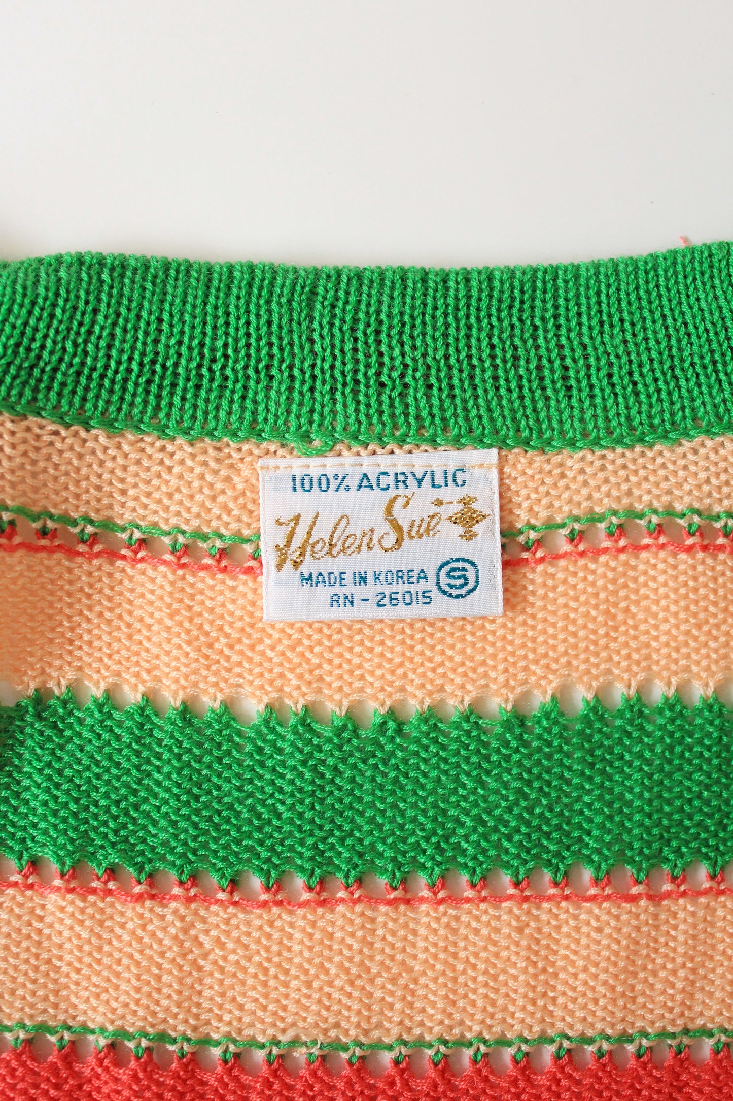 1970s Deadstock Short Sleeve 2 PC Striped Acrylic Knit Tank Top And Cardigan, Peach/Coral/Green, S/M/L