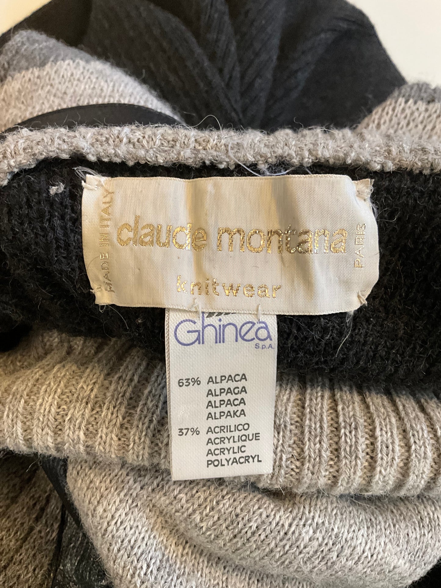 Vintage 1980s Claude Montana Grey and Black Knit Mock Neck Sweater Dress, Medium