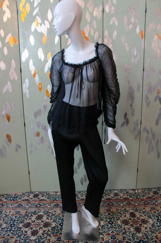 y2k Donna Karan new York Black Sheer Silk Chiffon Blouse with Gathered Sleeves, Going Out Top