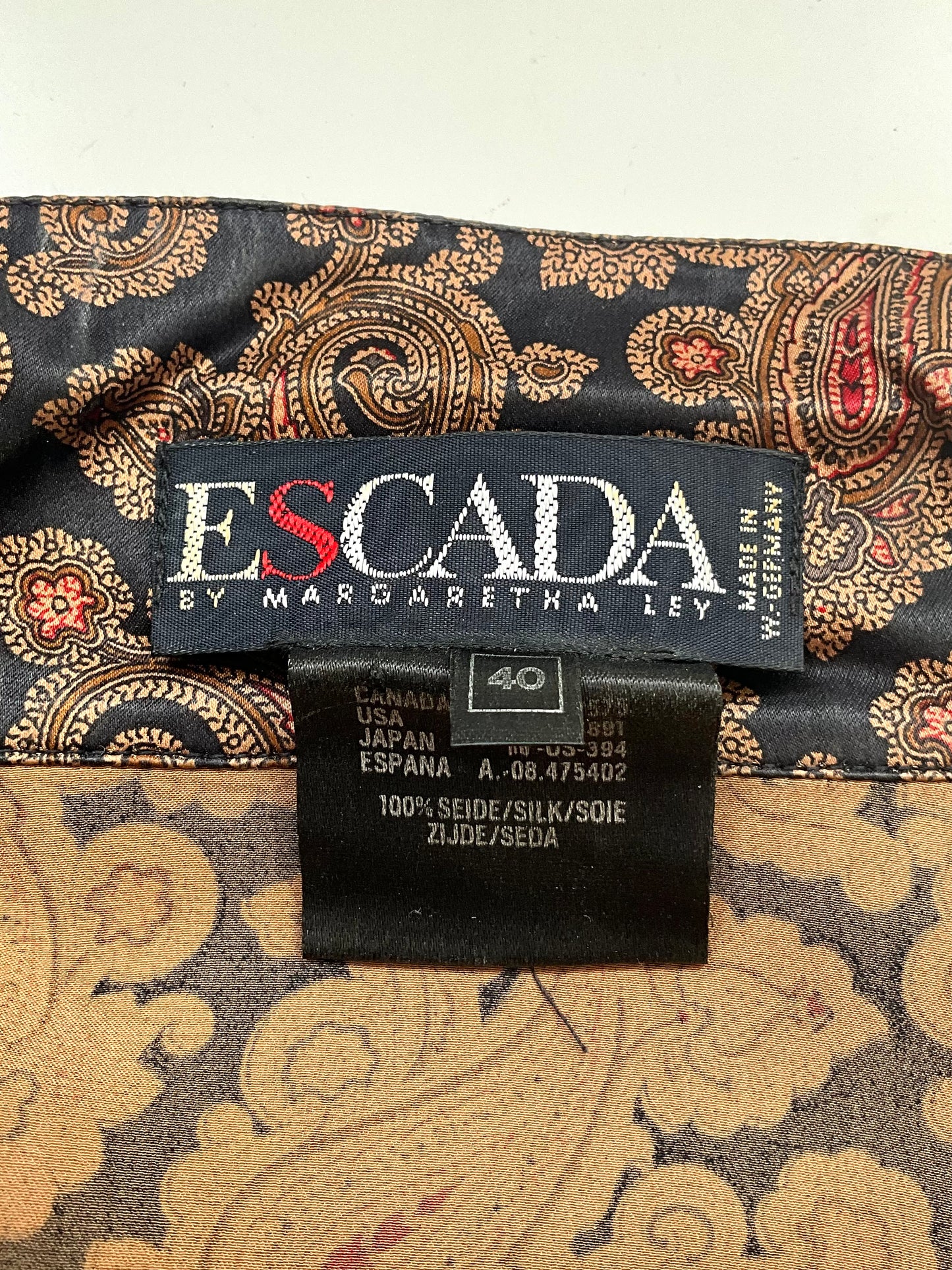 Vintage 1980s Escada Black Brown Paisley Long Sleeve Silk Blouse, Large