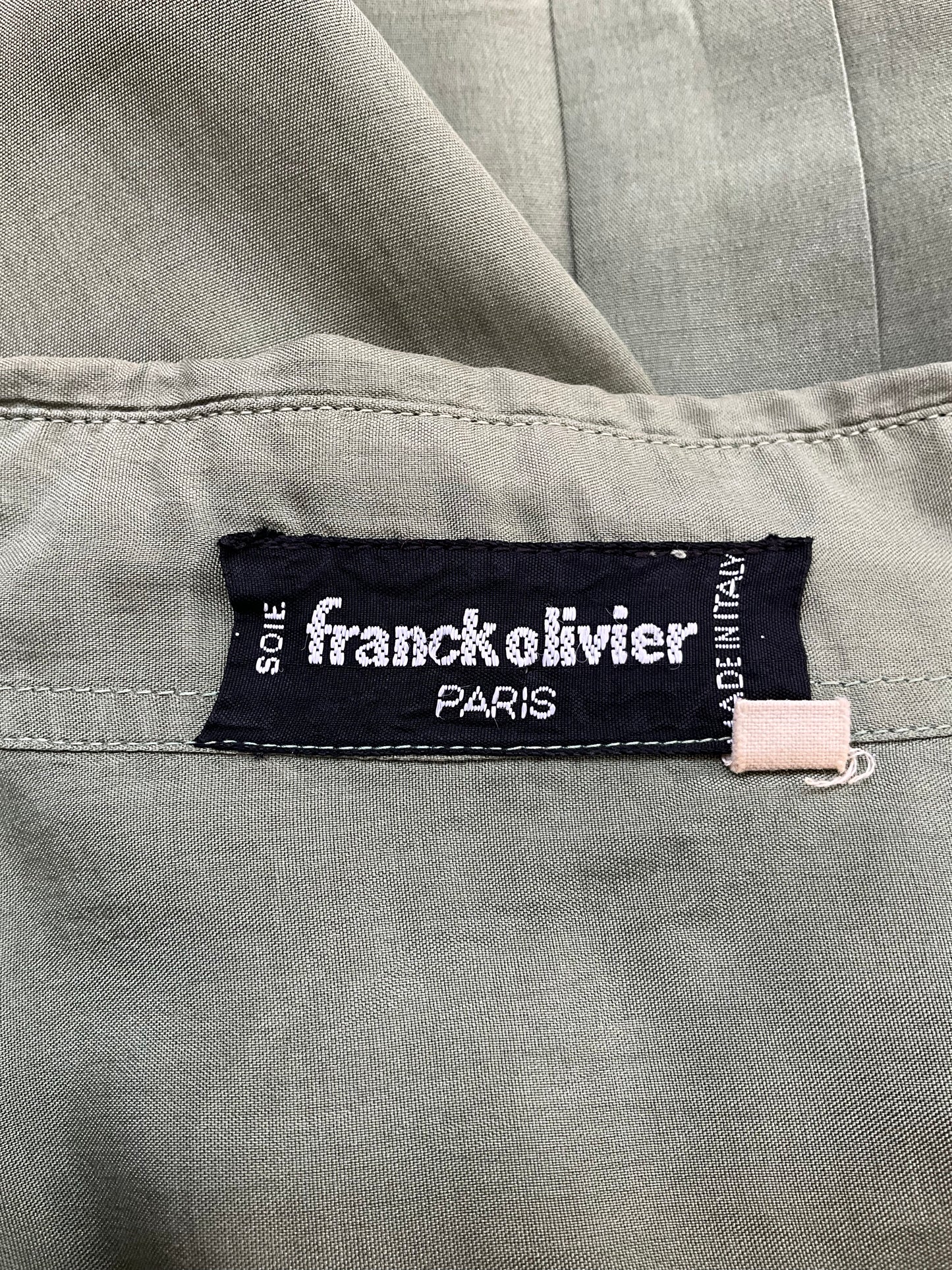 Vintage 1970s Franck Olivier Olive Green Silk Long Sleeve Dagger Collar Blouse, Small